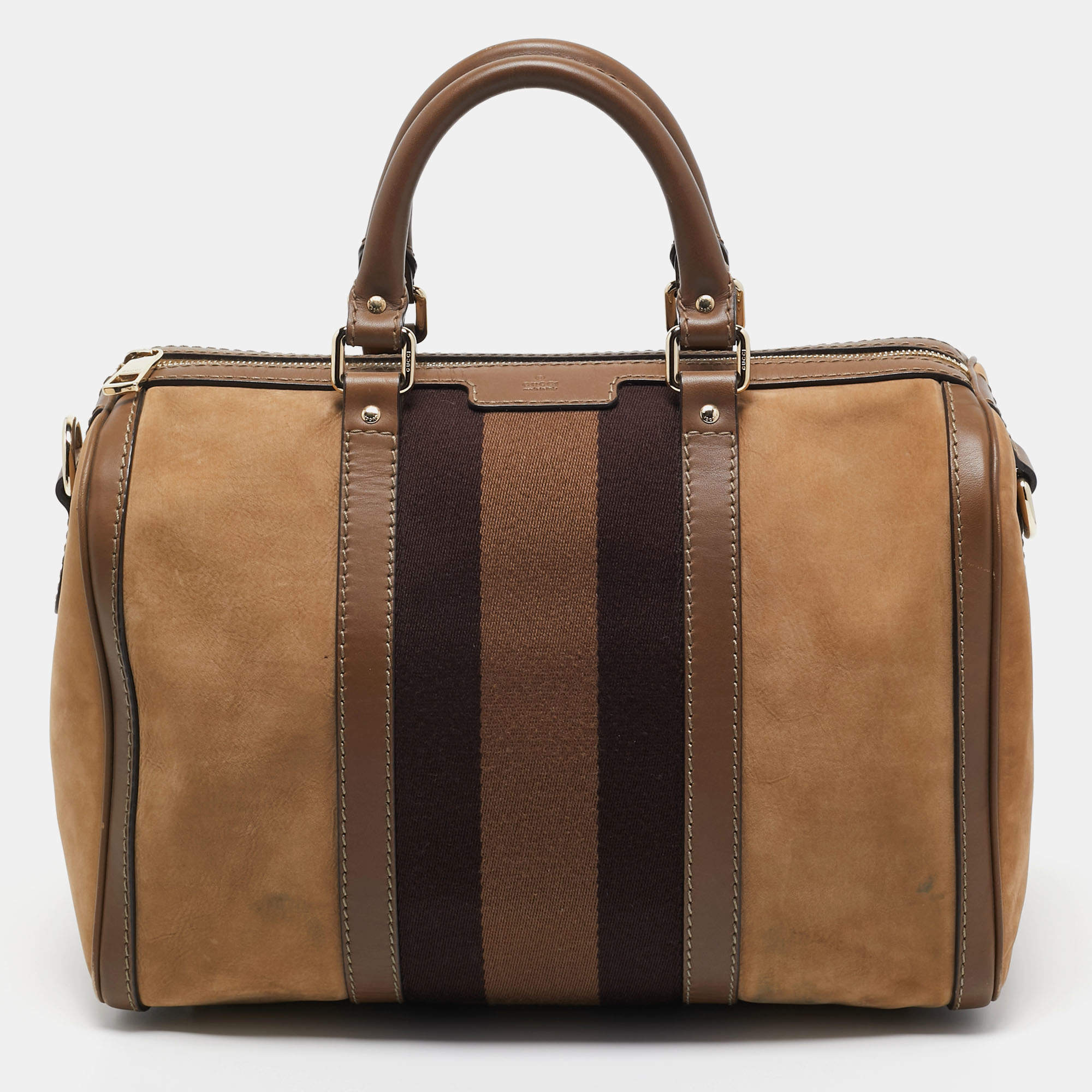 Pre Owned Gucci Brown Nubuck and Leather Medium Vintage Web Boston Bag