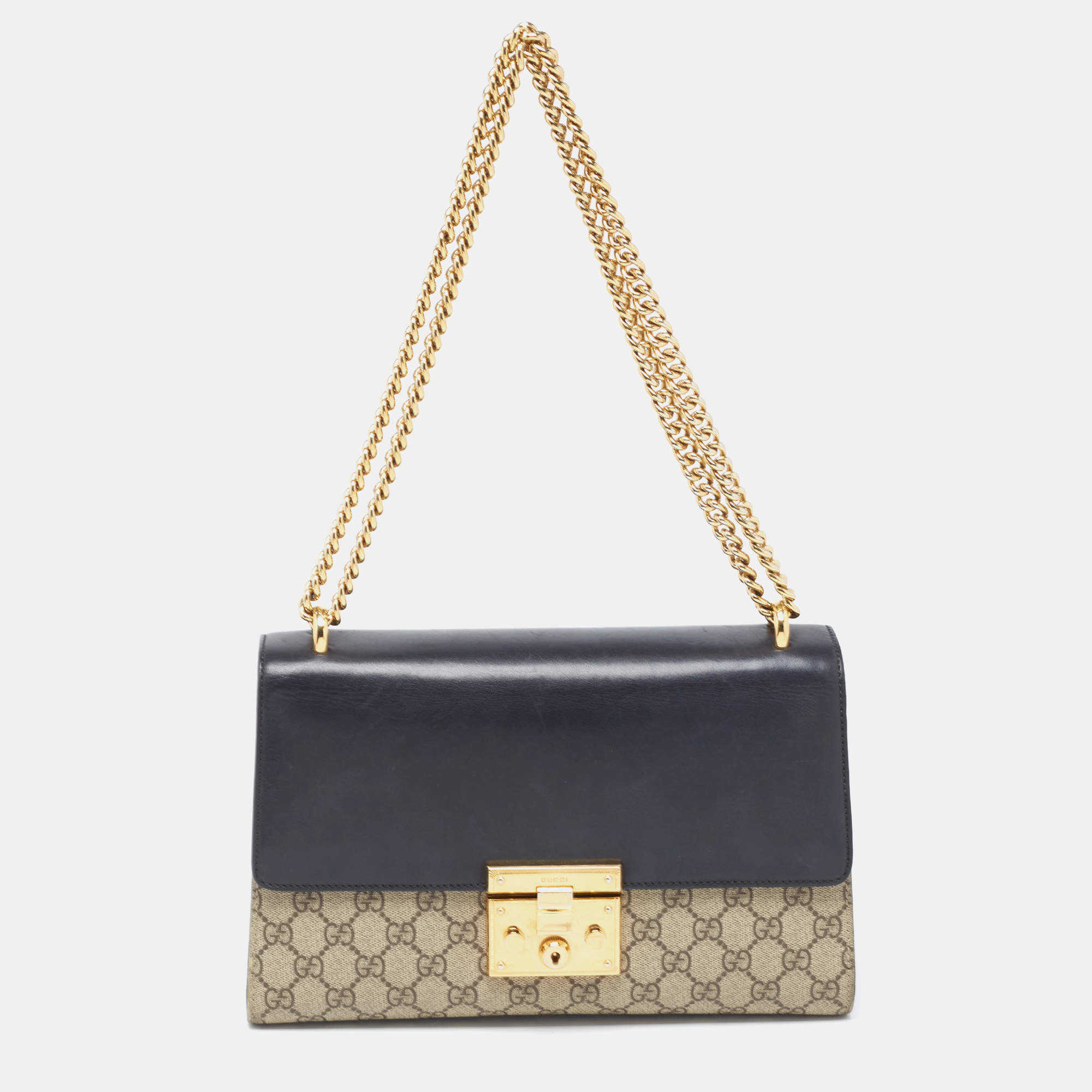 Gucci Beige Black GG Supreme Canvas and Leather Medium Padlock Shoulder Bag