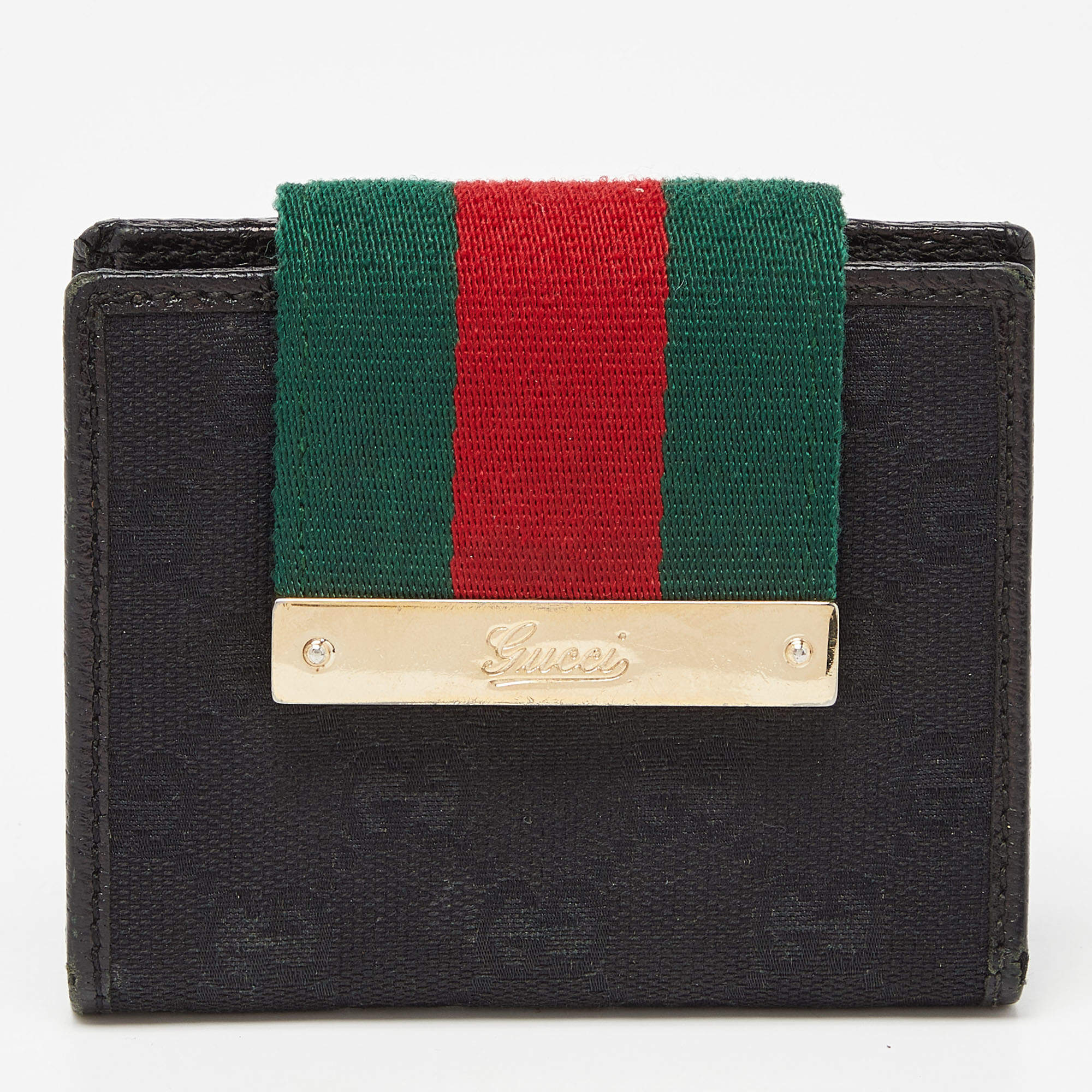 Gucci Black GG Canvas and Leather Web Compact Wallet