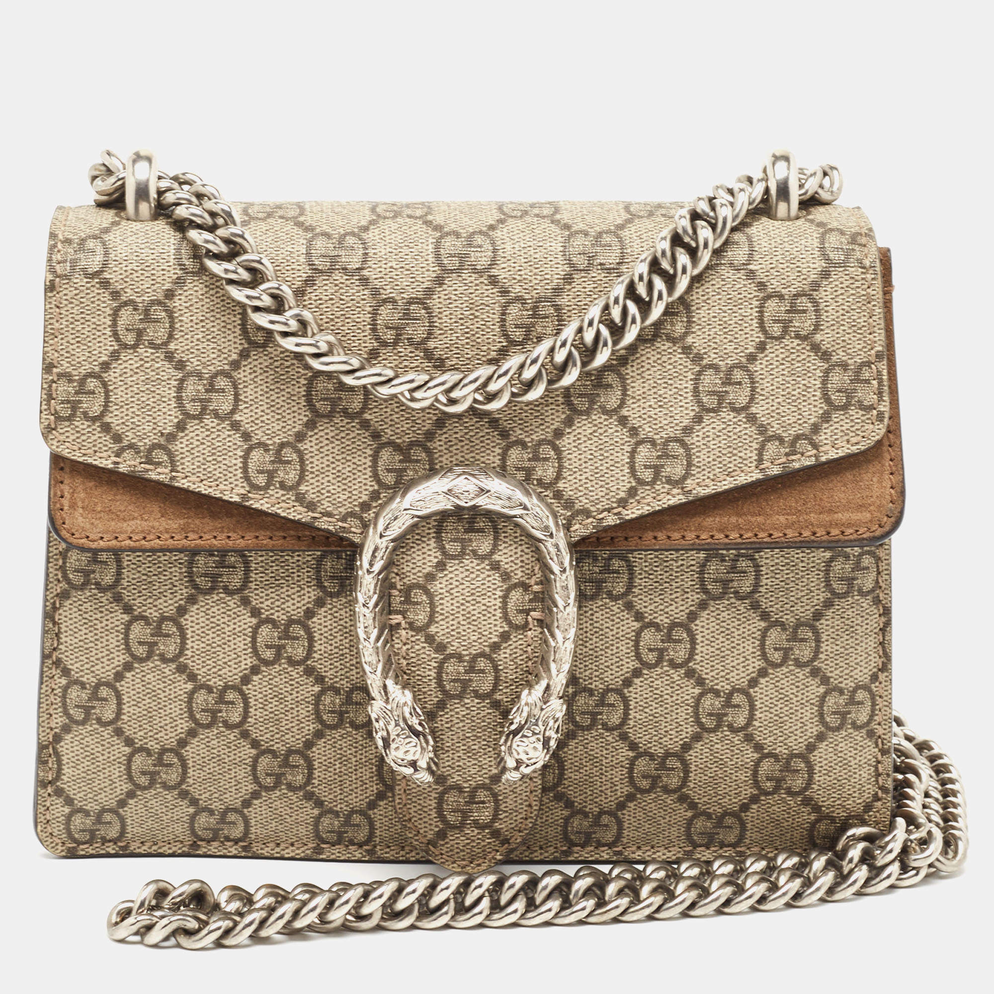 Pre Owned Gucci Beige/Ebony GG Supreme Canvas and Suede Mini Dionysus Shoulder Bag