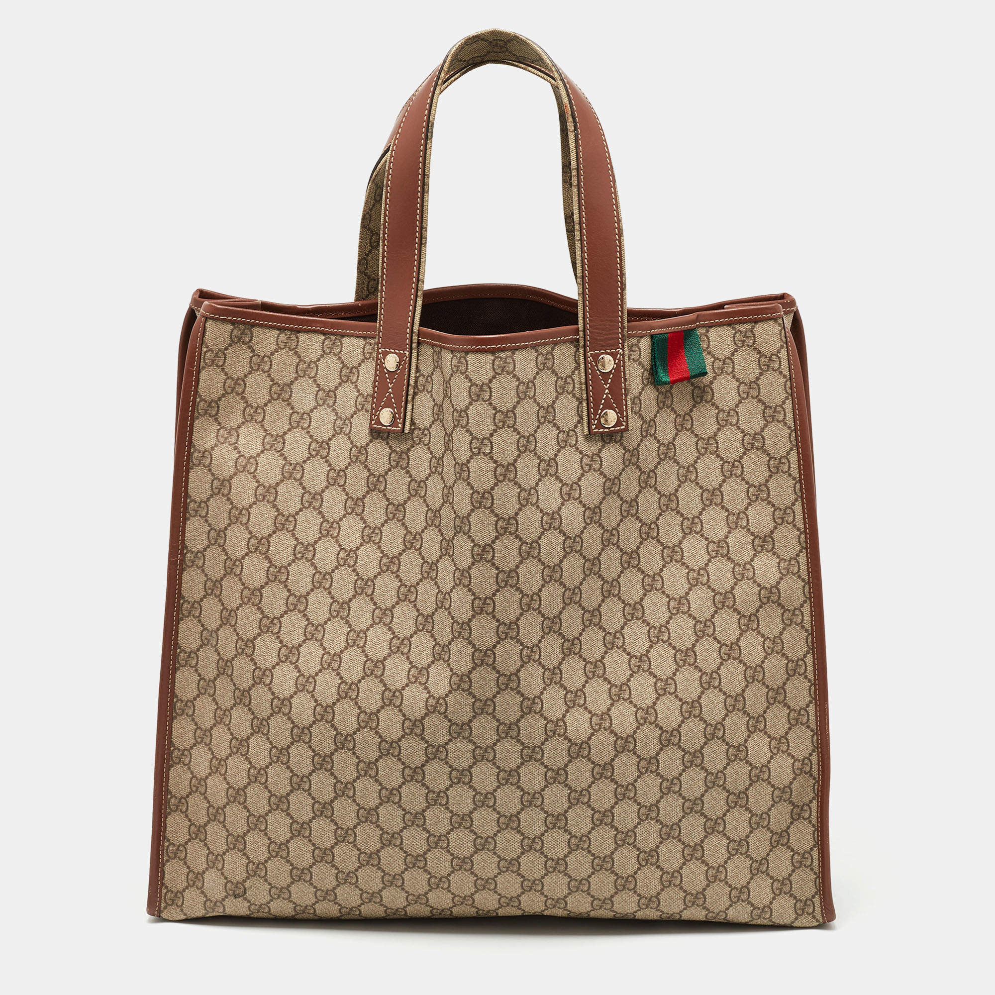 Pre Owned Gucci Beige/Brown GG Supreme Canvas and Leather Vertical Web Loop Shopper Tote