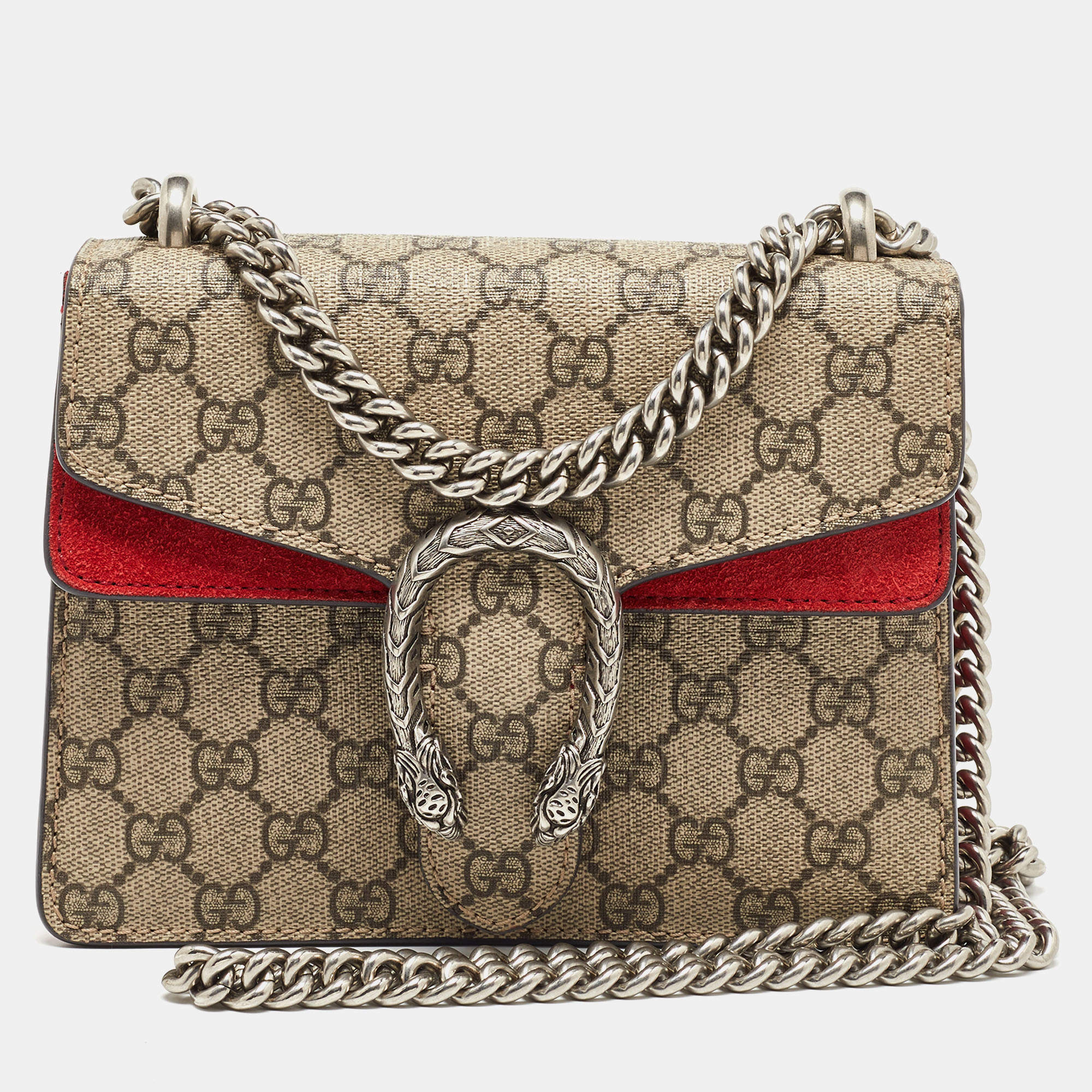 Pre Owned Gucci Beige/Red GG Supreme Canvas and Suede Mini Dionysus Shoulder Bag