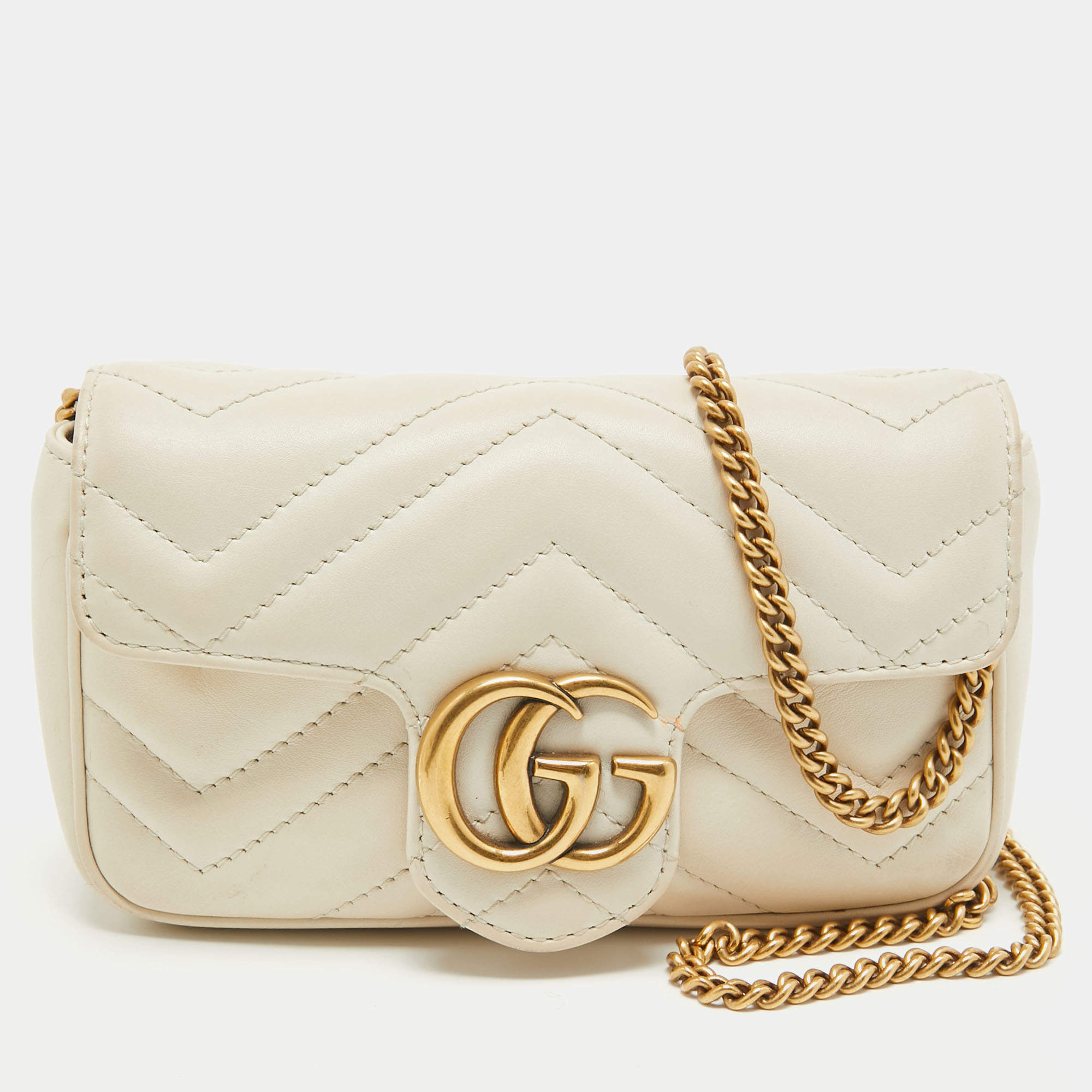 Gucci Off White Matelassé Leather Super Mini GG Marmont Shoulder Bag