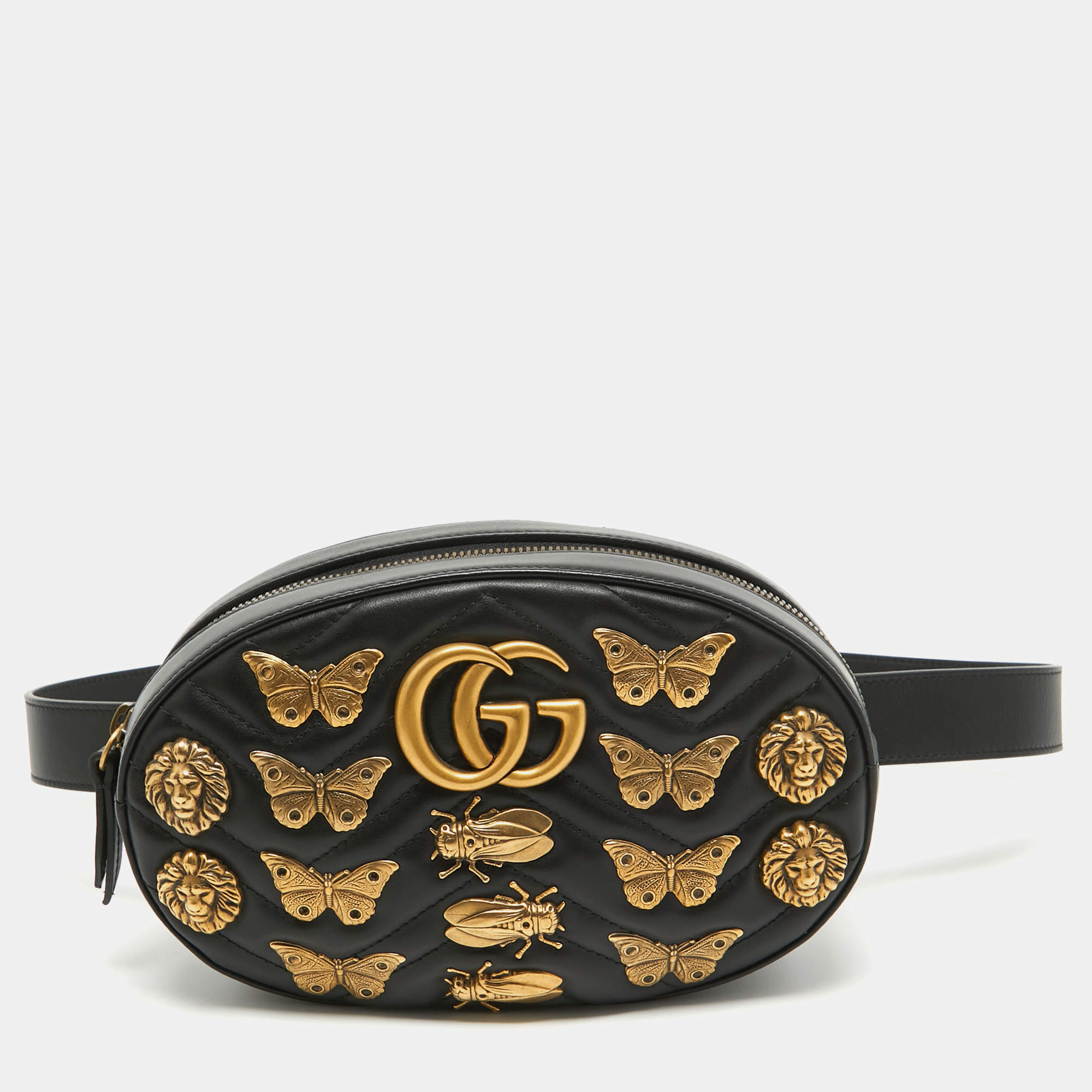 Pre Owned Gucci Black Matelassé Leather GG Marmont Animal Stud Belt Bag