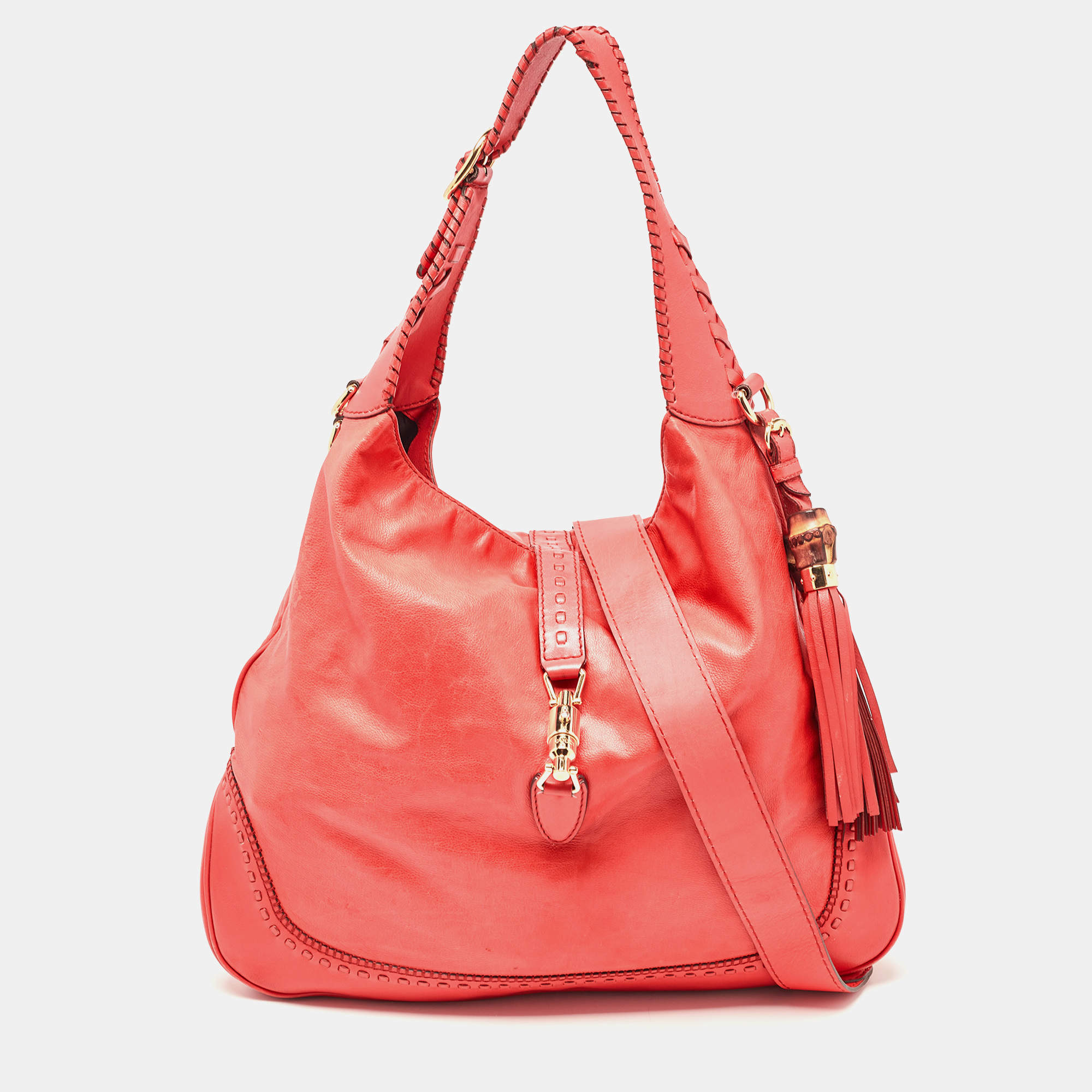 Gucci Coral Red Leather Large New Jackie Hobo