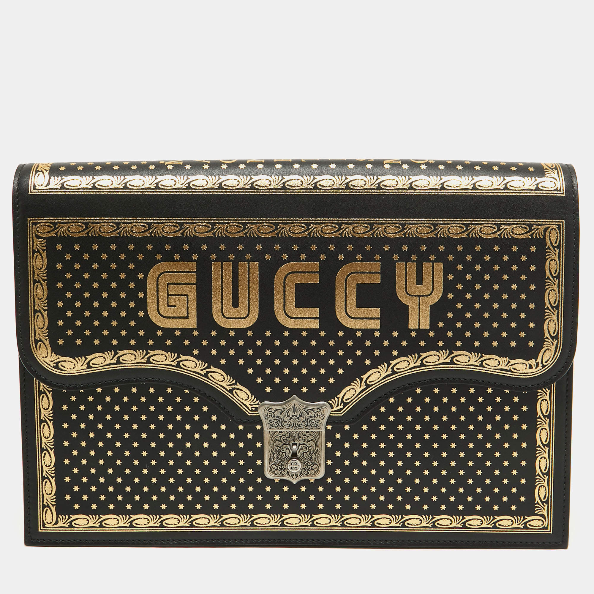 Gucci Black/Gold Leather Printed GUCCY Portfolio Clutch 