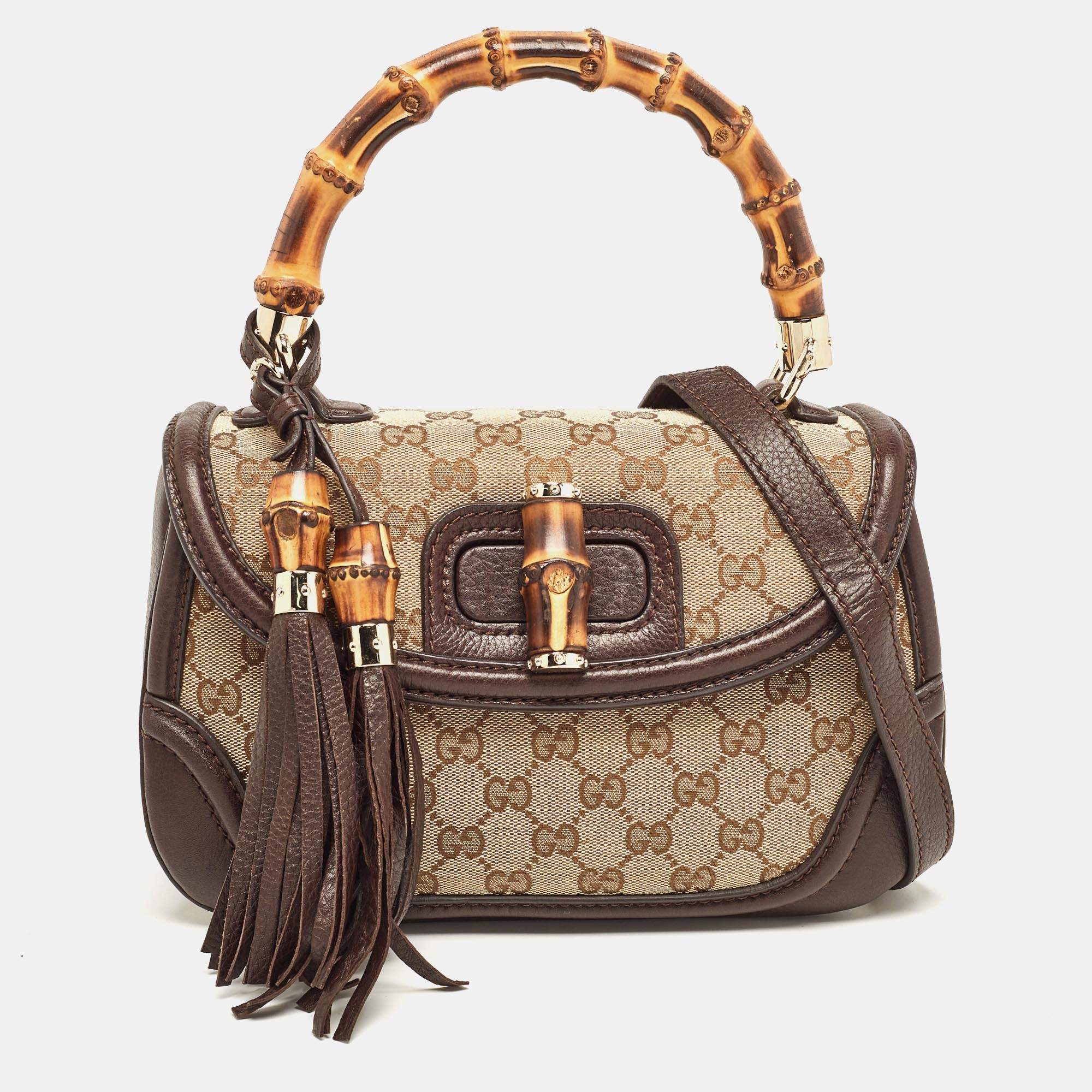 Pre Owned Gucci Beige/Brown GG Canvas and Leather Tassel New Bamboo Top Handle Bag