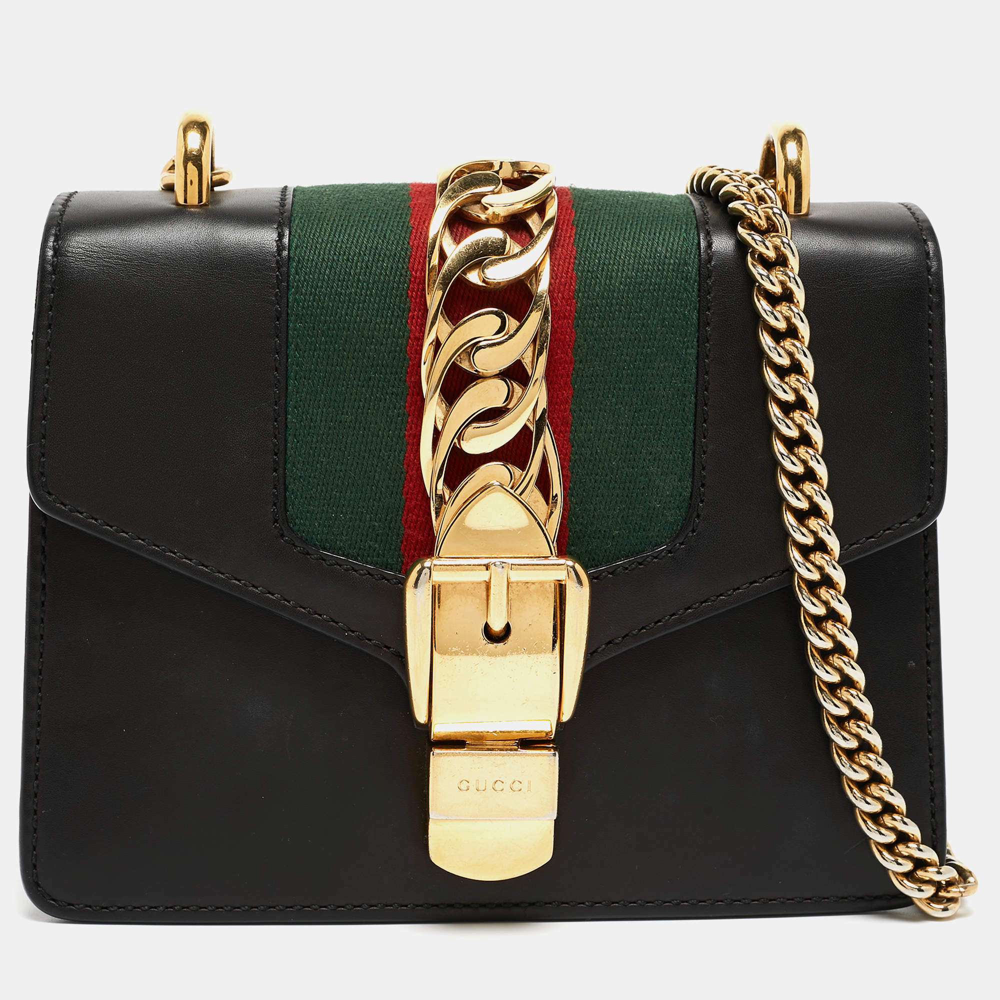 Pre Owned Gucci Black Leather Mini Web Chain Sylvie Crossbody Bag