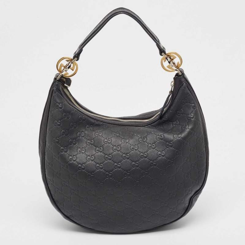 Pre Owned Gucci Black Guccissima Leather Medium GG Twins Hobo