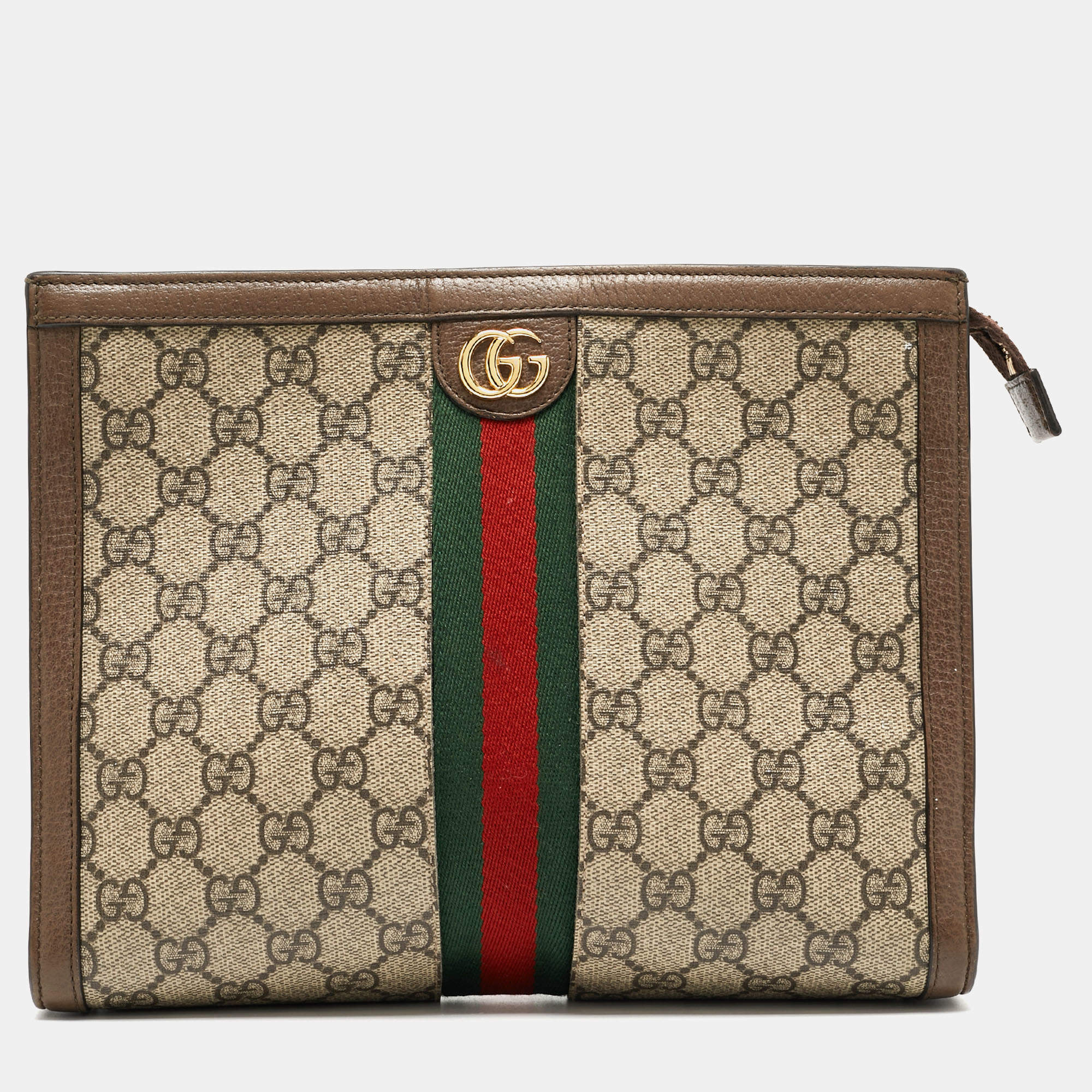 Pre Owned Gucci Brown/Beige GG Supreme and Leather Ophidia Pouch