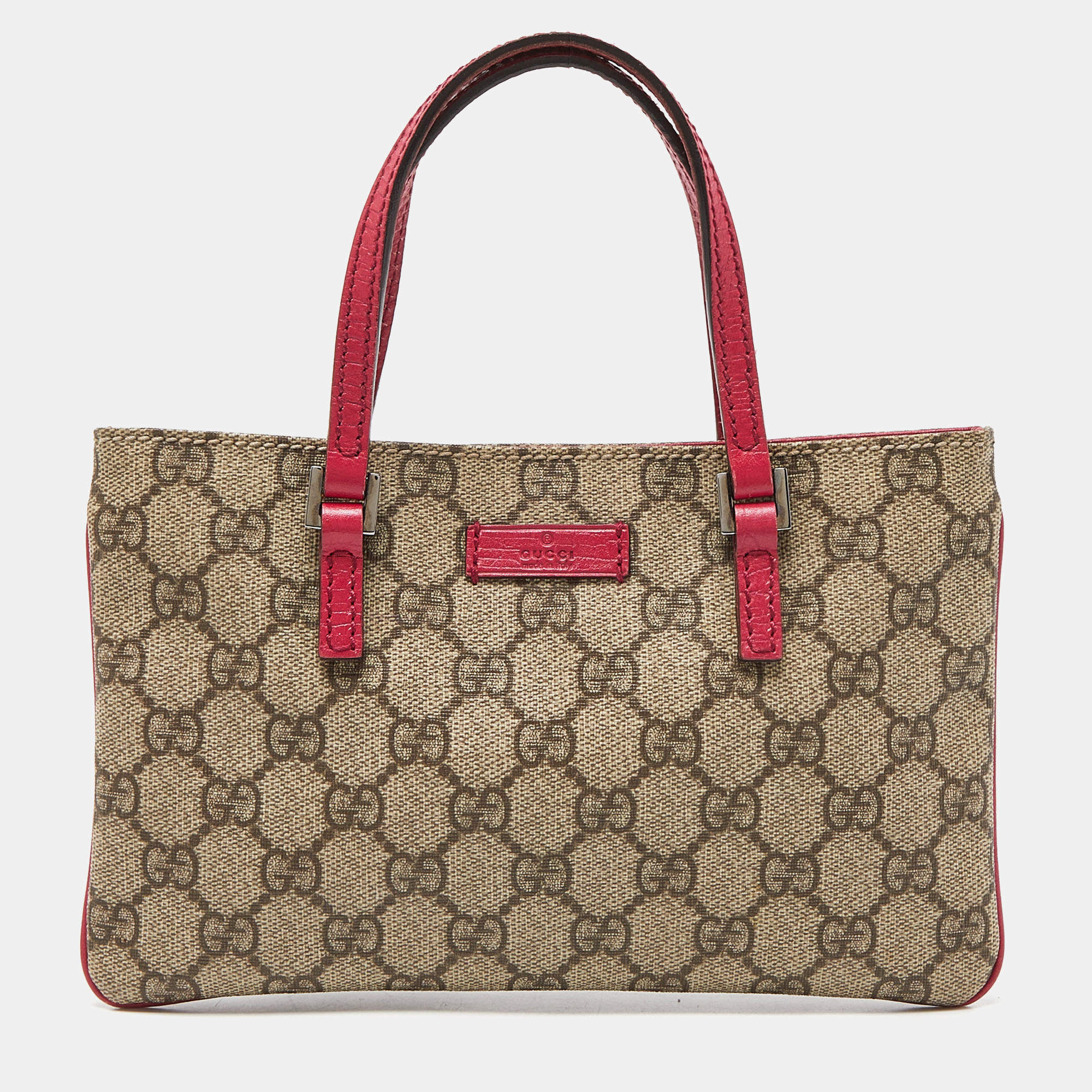 Pre Owned Gucci Beige/Pink GG Supreme Canvas and Leather Pochette Bag