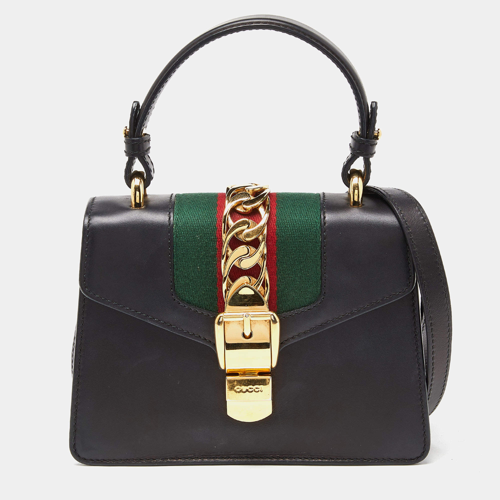Pre Owned Gucci Black Leather Mini Sylvie Top Handle Bag