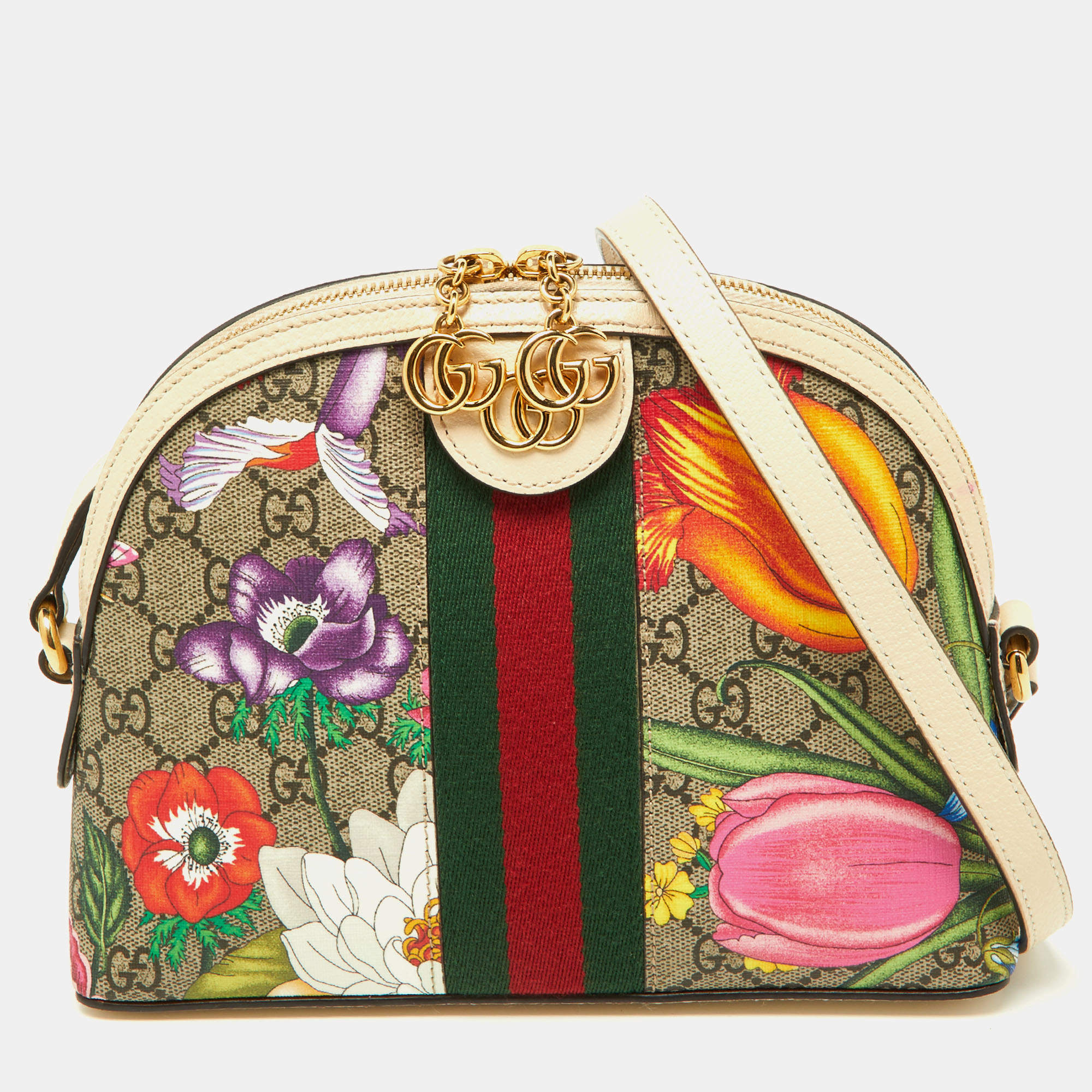 Pre Owned Gucci Off White/Beige Floral GG Supreme Canvas Small Ophidia Shoulder Bag