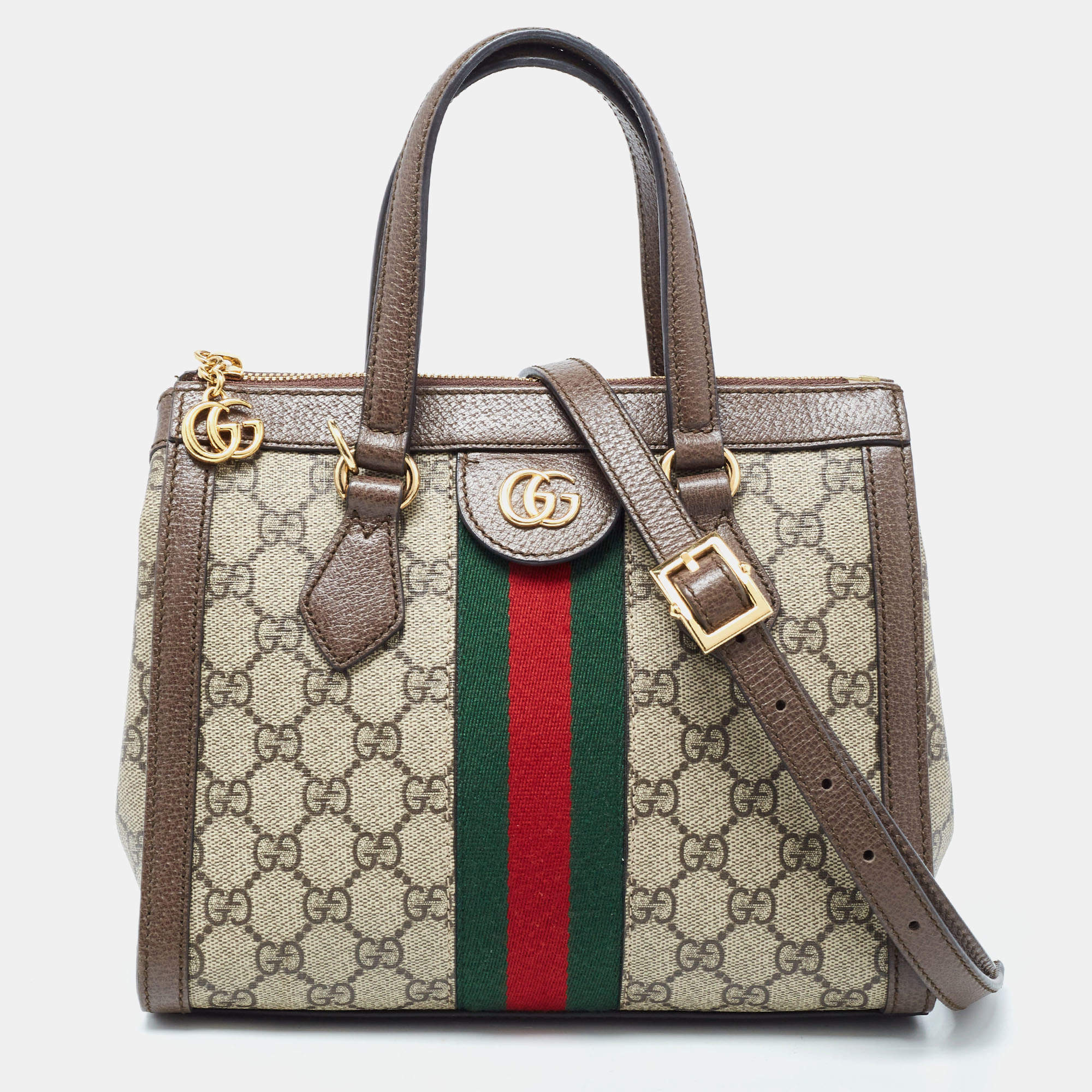 Pre Owned Gucci Beige/Brown GG Supreme Canvas and Leather Small Ophidia Tote