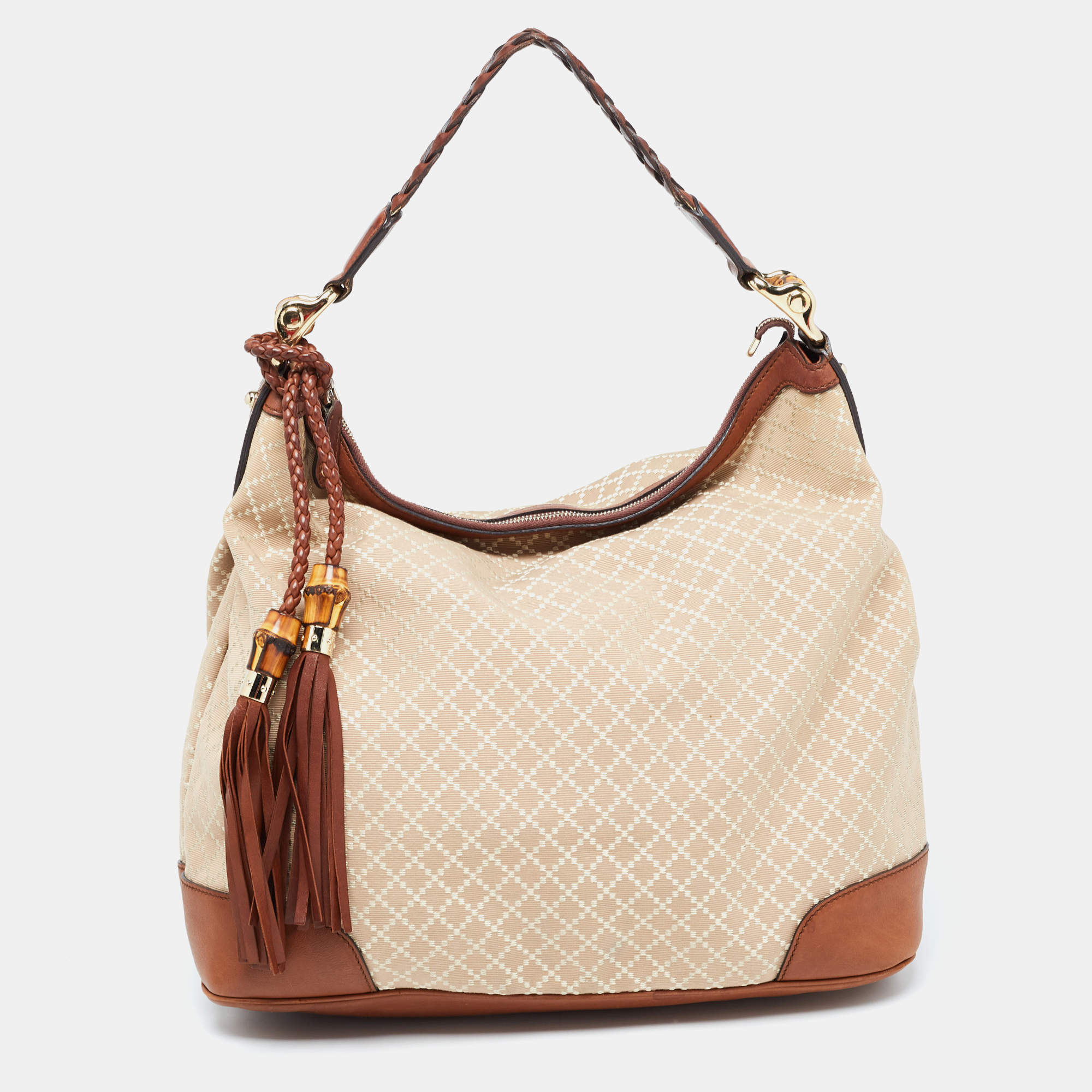 Gucci Brown/Beige Diamante Canvas and Leather Eva Hobo
