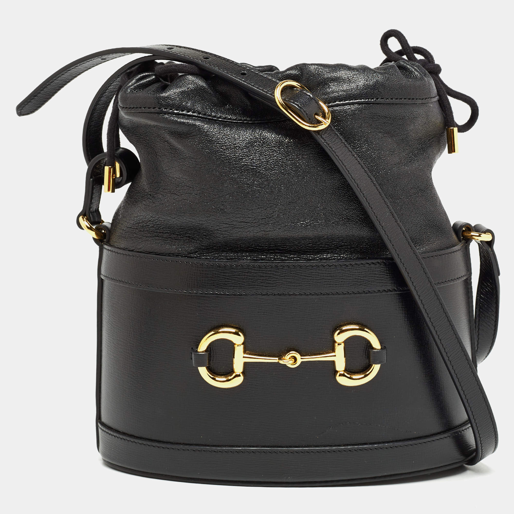 Pre Owned Gucci Black Leather 1955 Horsebit Bucket Bag