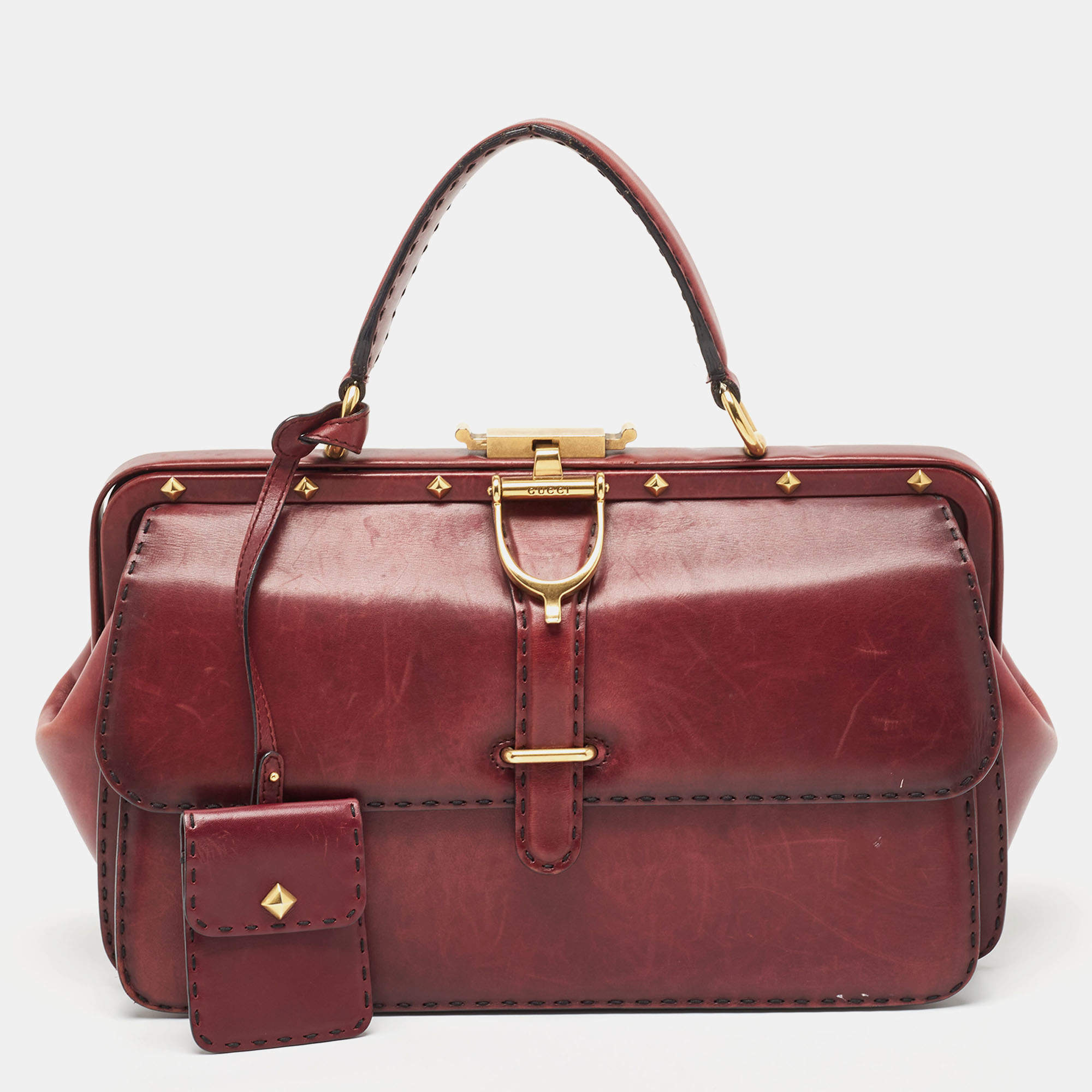 Pre Owned Gucci Burgundy Leather and Suede Lady Stirrup Top Handle Bag