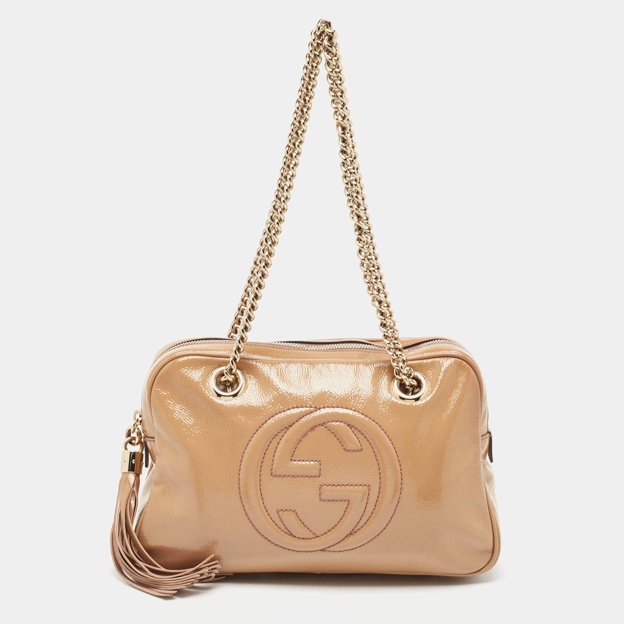 Pre Owned Gucci Dusty Pink Patent Leather Medium Soho Chain Shoulder Bag