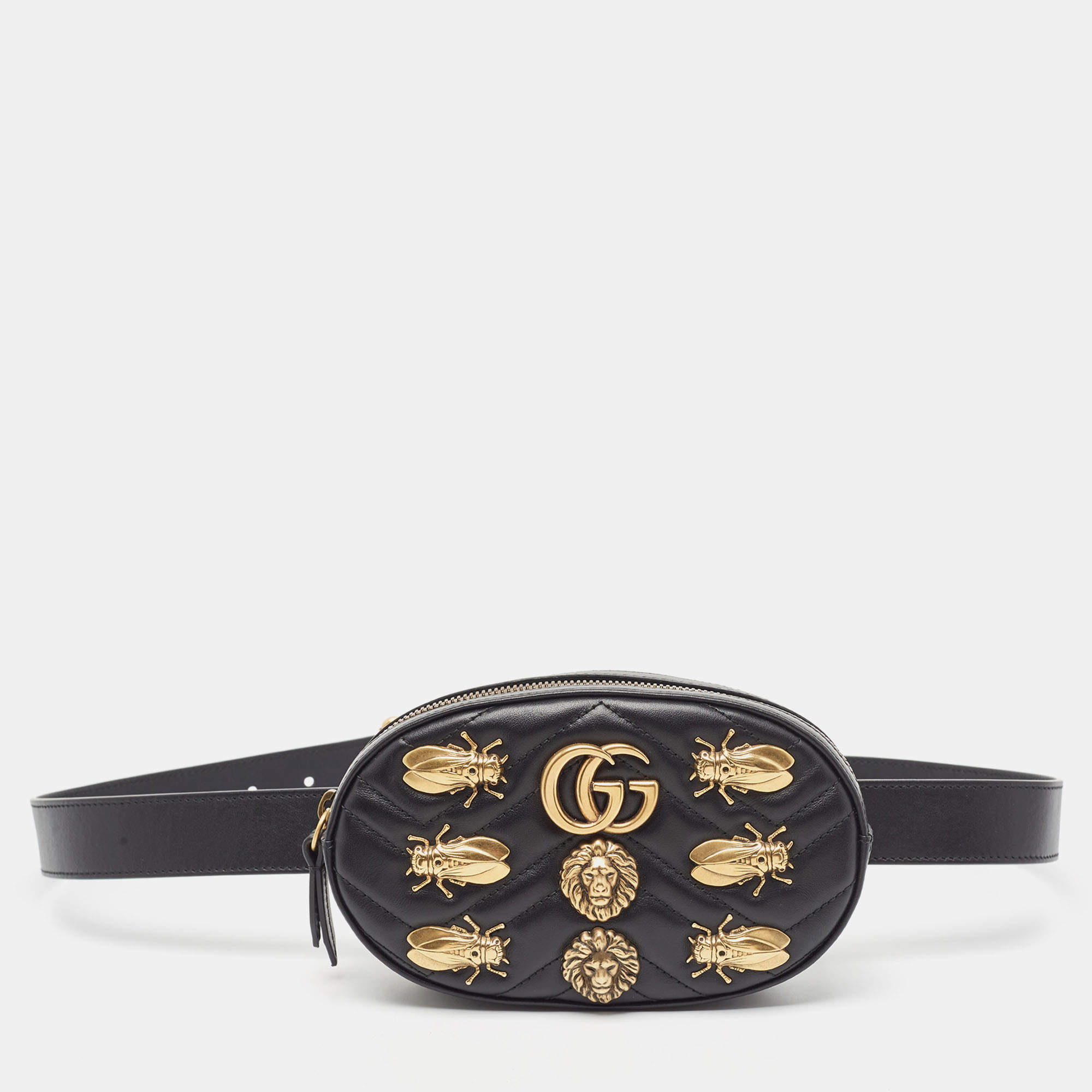 Pre Owned Gucci Black Matelassé Leather GG Marmont Animal Stud Belt Bag