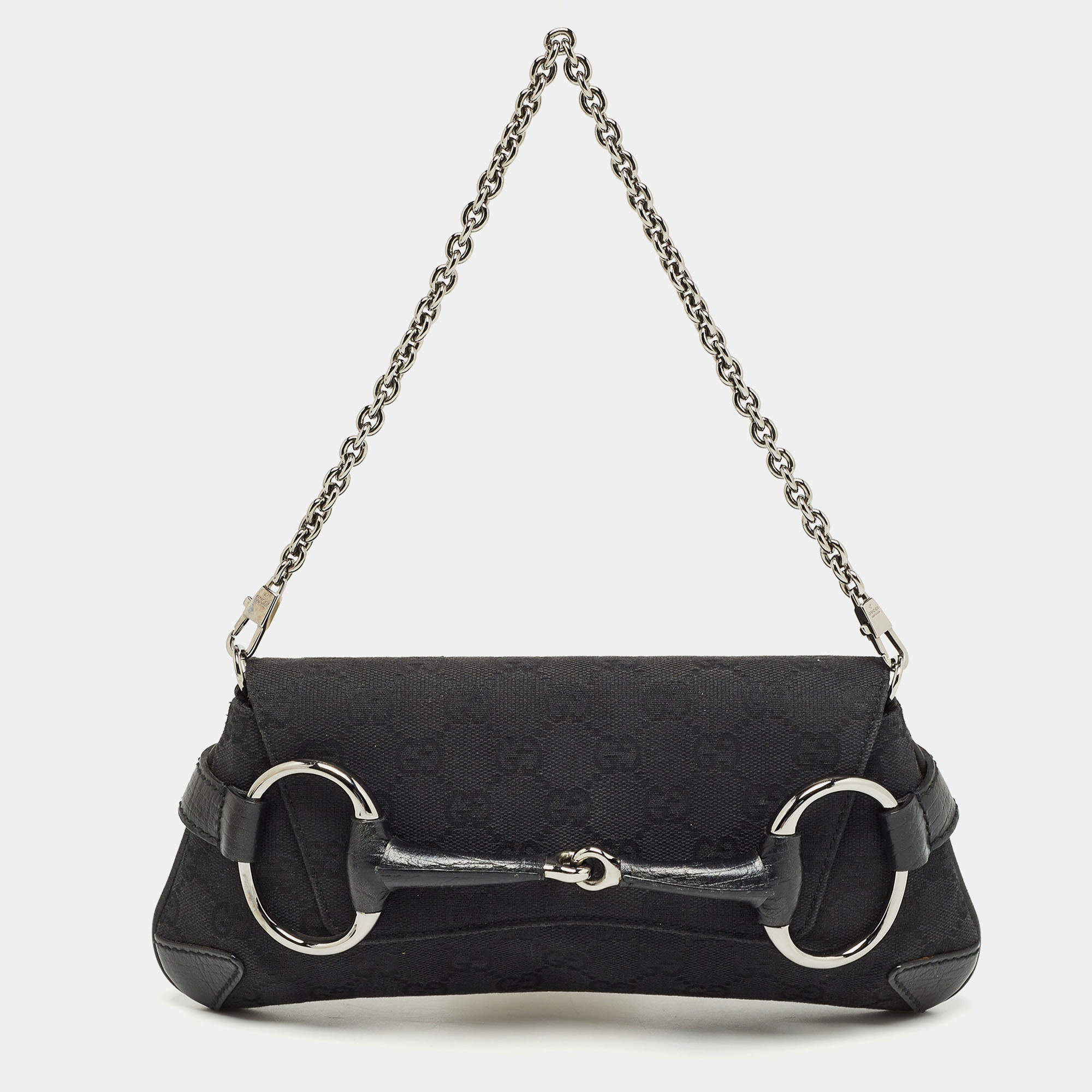 Pre Owned Gucci Black GG Canvas and Leather Horsebit Chain Clutch