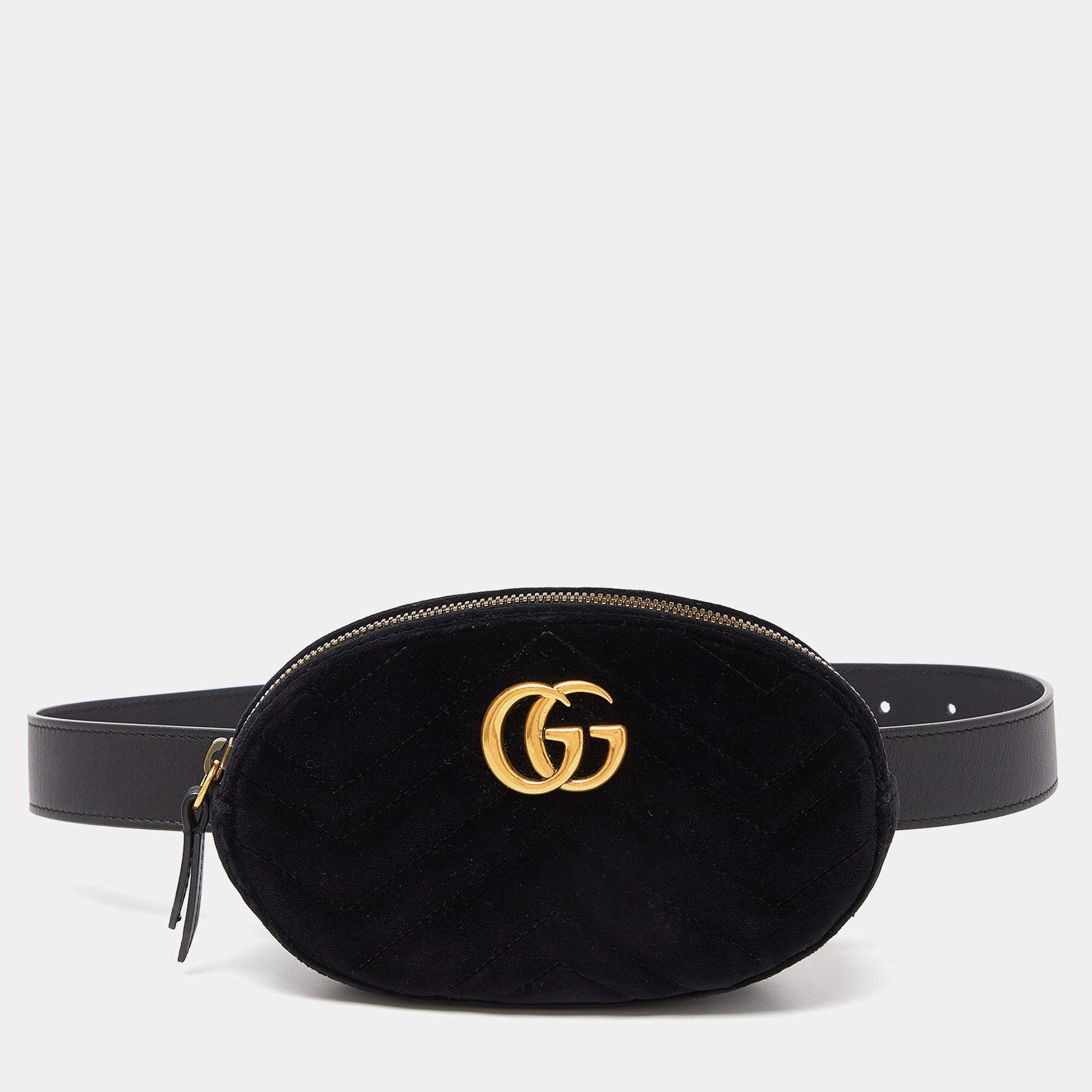 Pre Owned Gucci Black Matelassé Velvet and Leather Mini GG Marmont Belt Bag