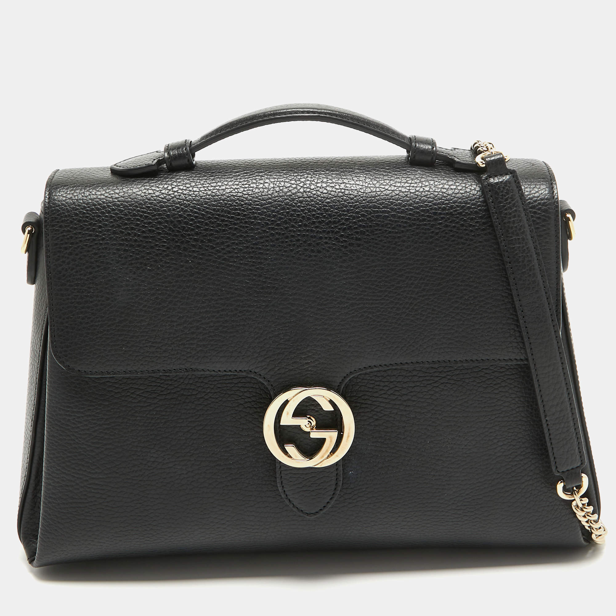 Pre Owned Gucci Black Leather Doller Interlocking G Top Handle Bag