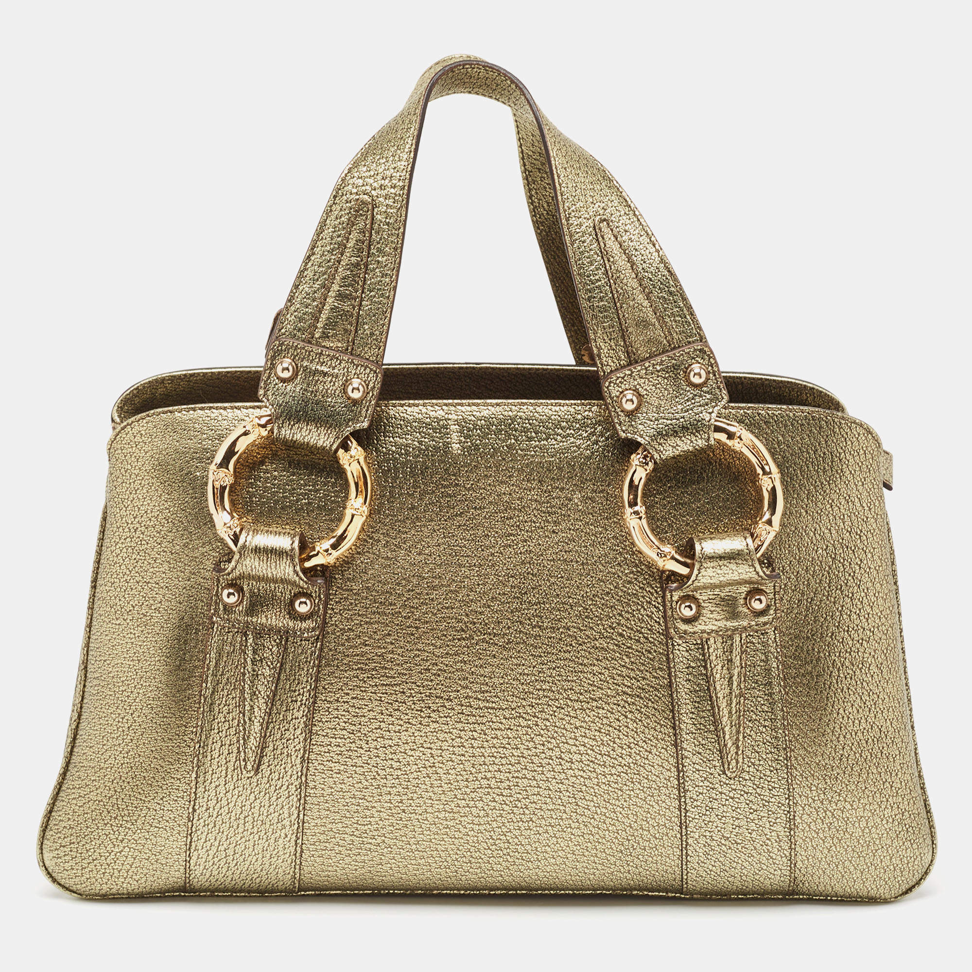 مملوكة مسبقًا Gucci Gold Leather Metal Bamboo Ring Bag