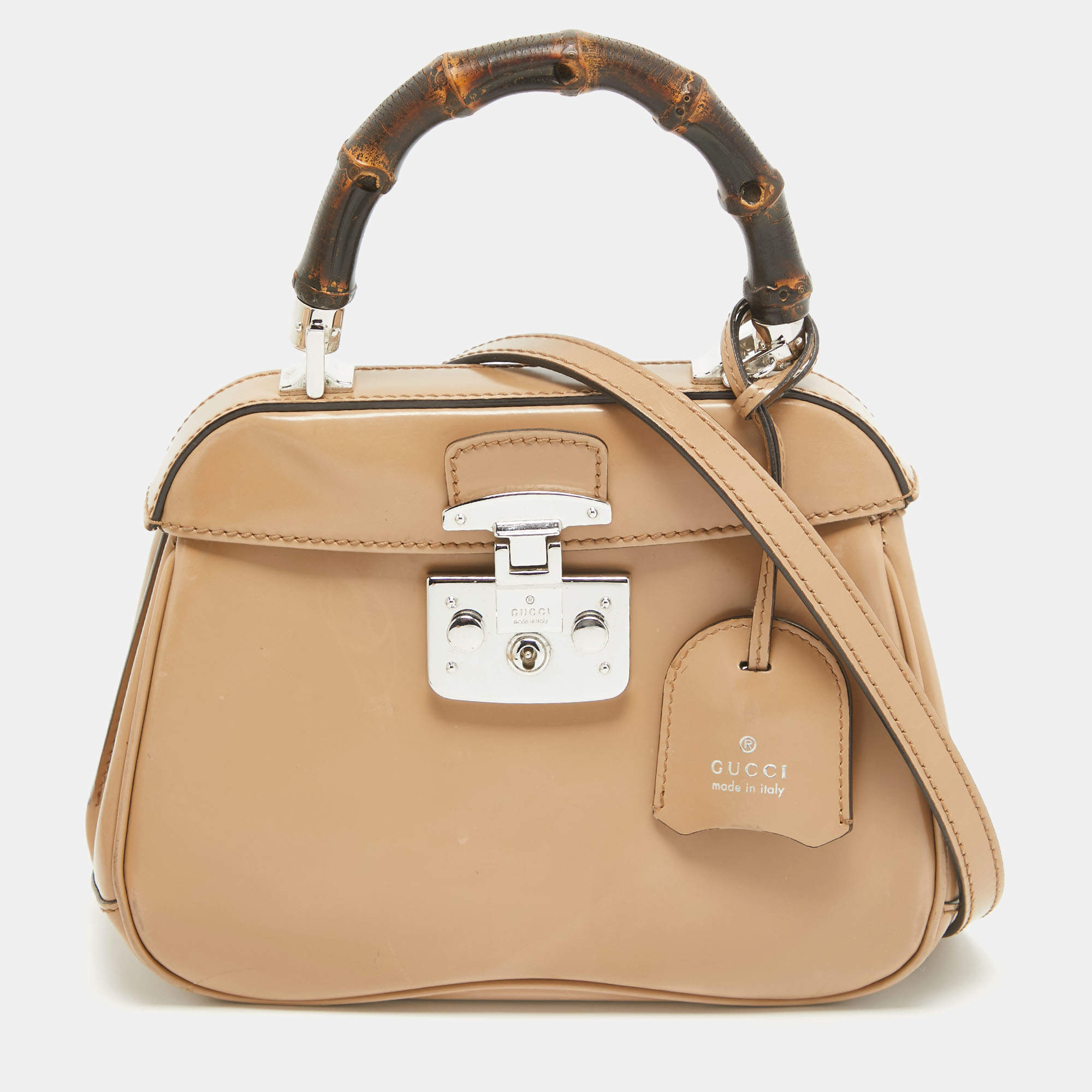 Pre Owned Gucci Beige Glossy Leather Mini Lady Lock Bamboo Top Handle Bag