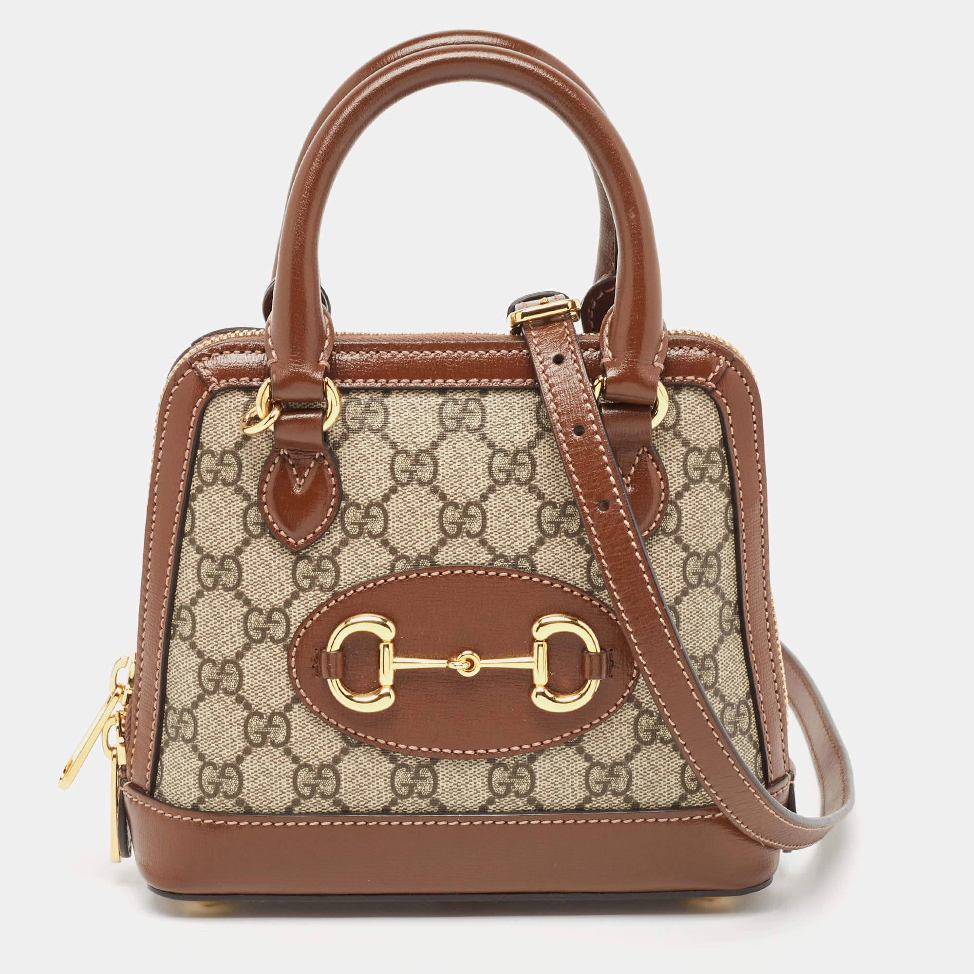 Pre Owned Gucci Beige/Ebony GG Supreme Canvas Mini Horsebit 1955 Top Handle Bag