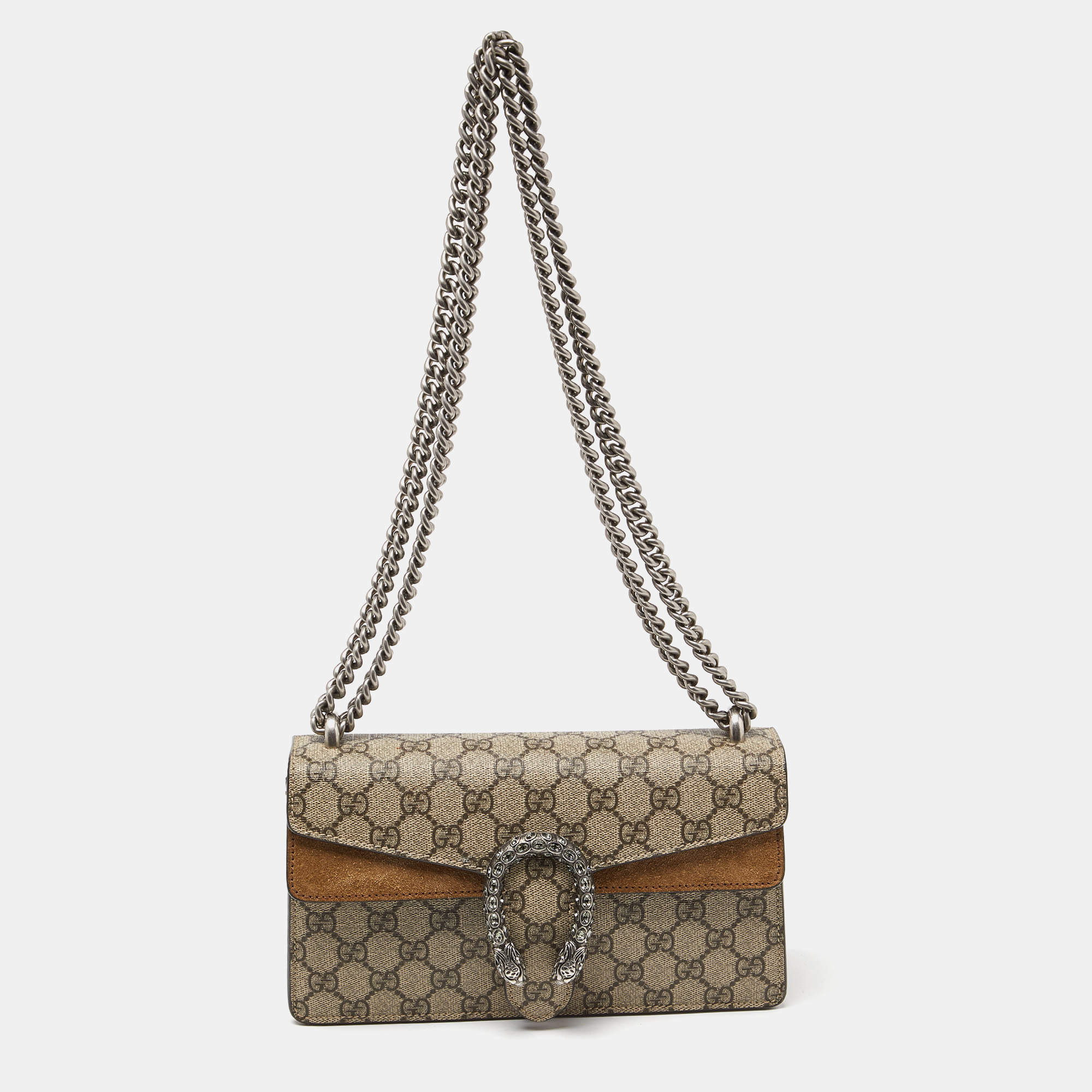 Pre Owned Gucci Beige GG Supreme Canvas and Suede Small Rectangular Dionysus Shoulder Bag