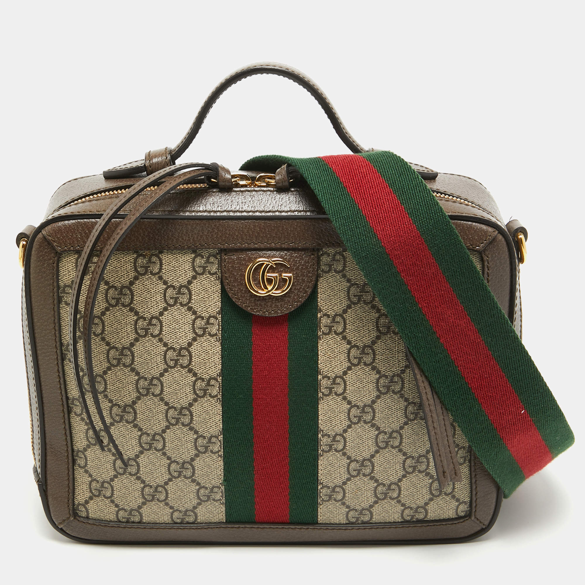 Pre Owned Gucci Beige/Ebony GG Supreme Canvas and Leather Small Ophidia Top Handle Bag