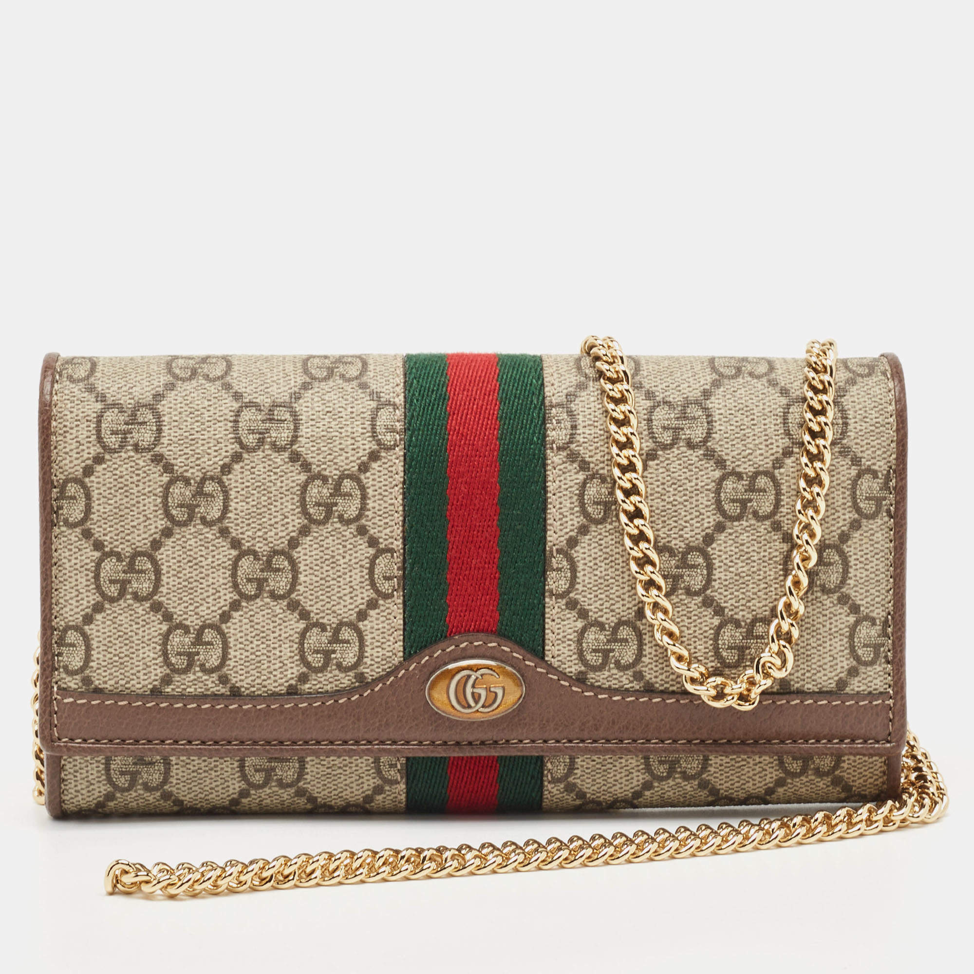 Gucci Beige/Brown GG Supreme Canvas and Leather Ophidia Wallet on Chain
