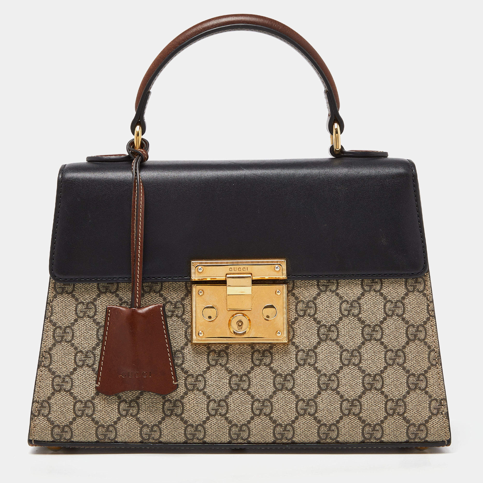 Pre Owned Gucci  Beige/Black GG Supreme Canvas and Leather Small Padlock Top Handle Bag