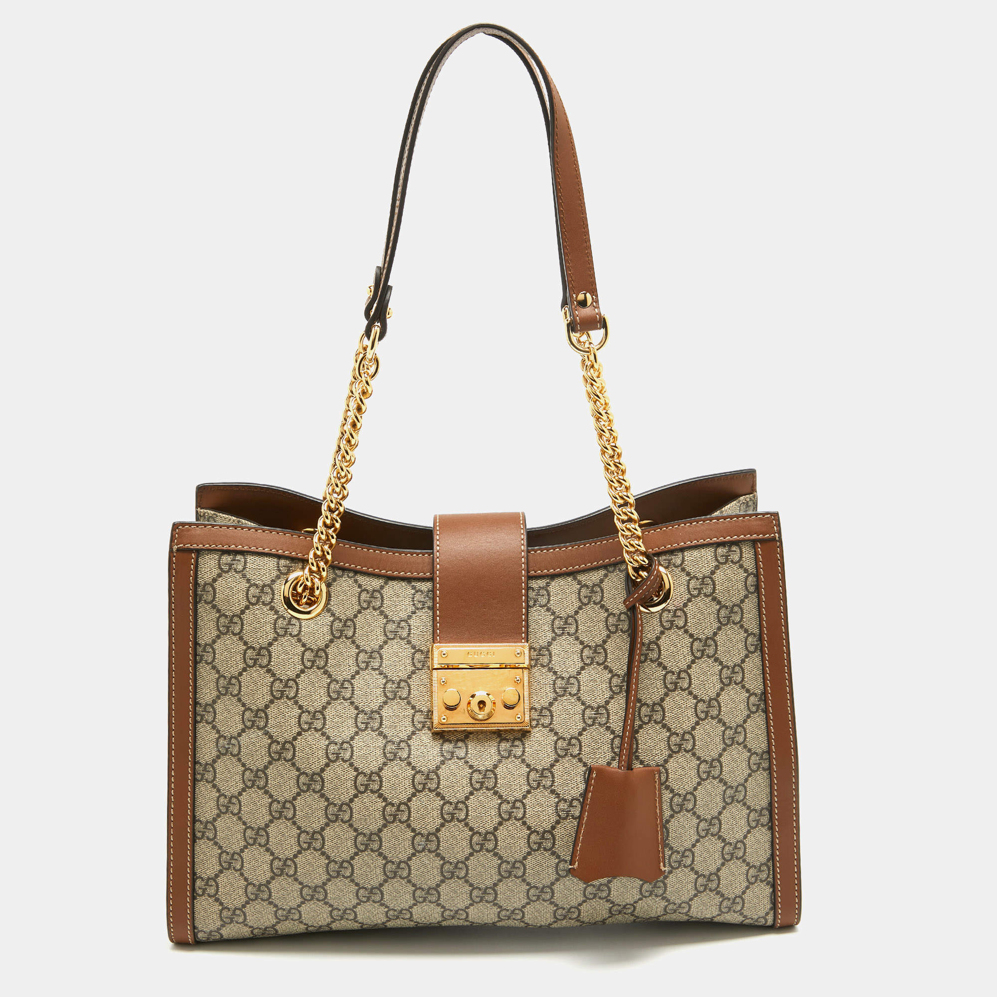 Pre Owned Gucci Beige/Brown GG Supreme Canvas and Leather Medium Padlock Tote