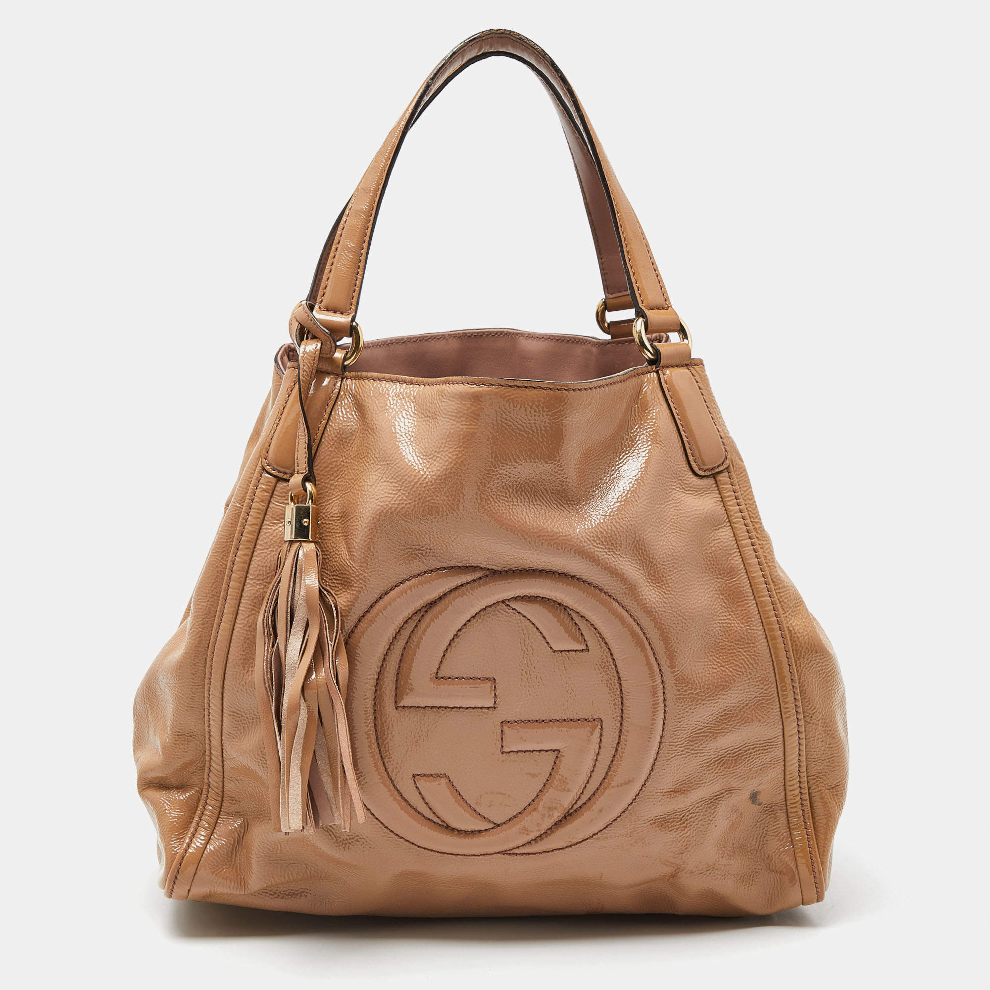 Pre Owned Gucci Beige Patent Leather Small Soho Tote