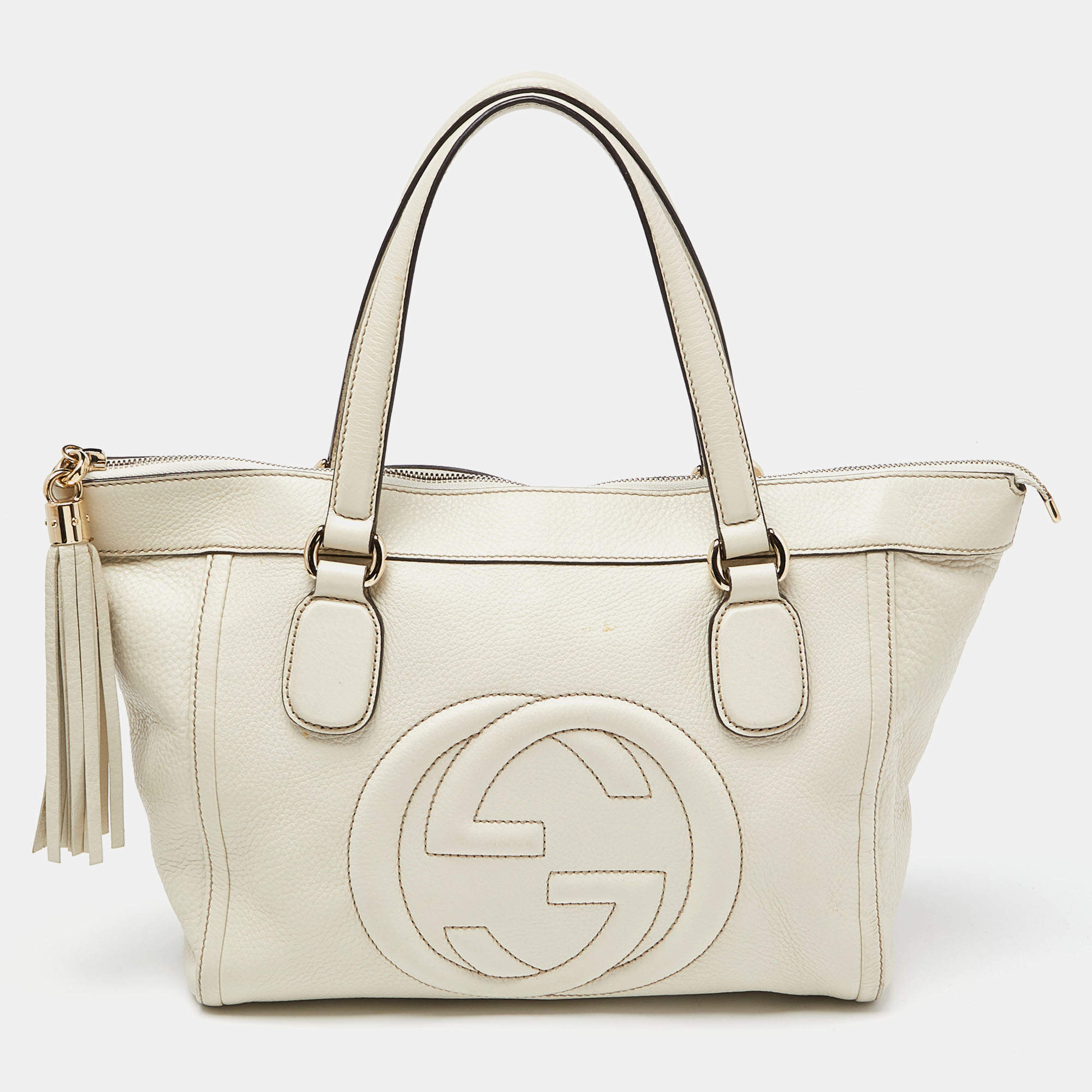 Pre Owned Gucci Cream Leather Soho Zip Tassel Tote