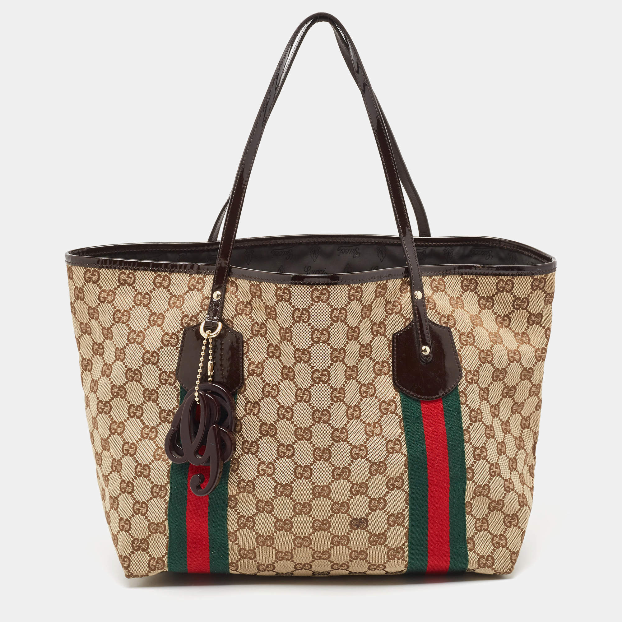 Gucci Beige/Brown GG Canvas and Patent Leather Jolie Web Charms Tote
