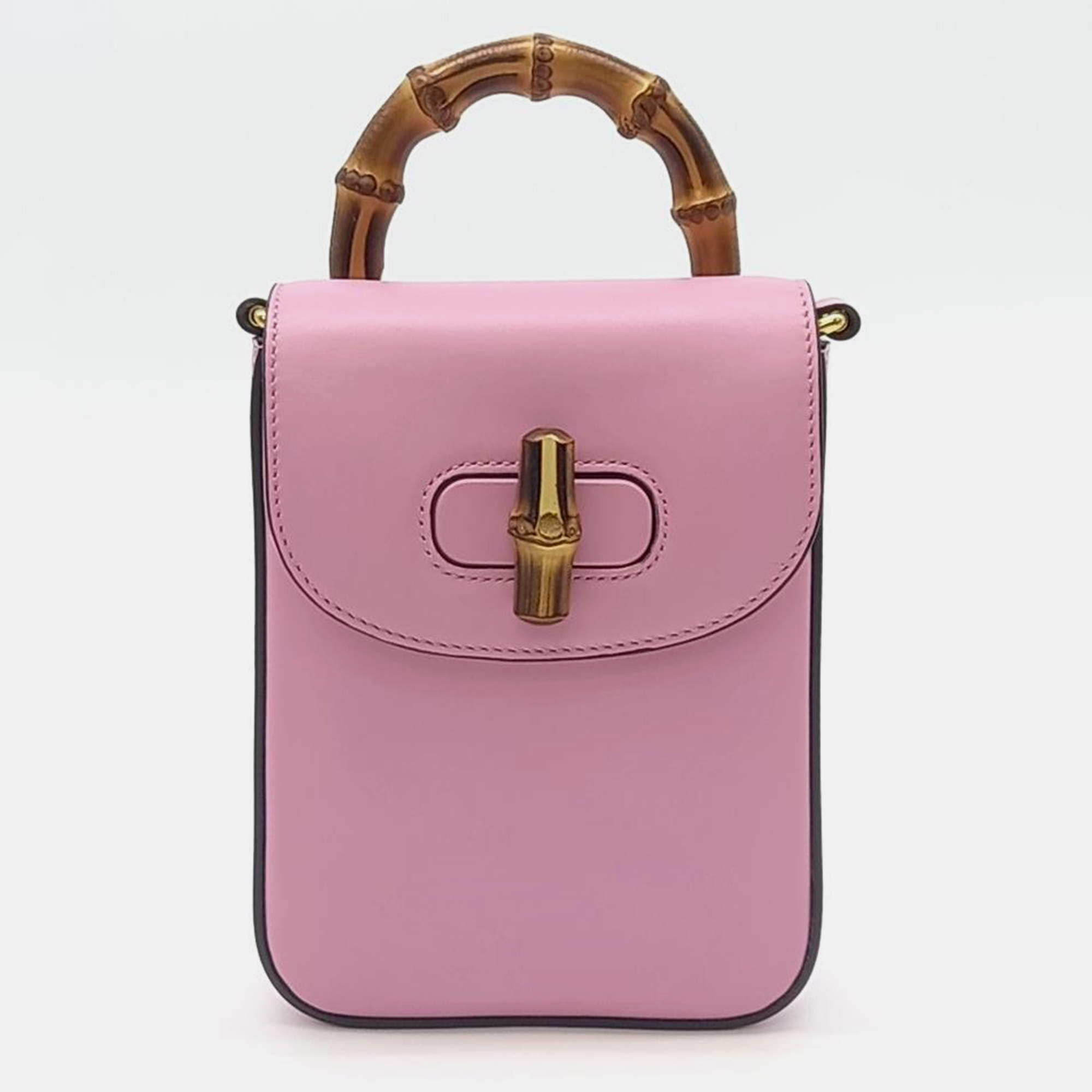 Pre Owned Gucci Pink Leather Mini Bamboo Tote Bag