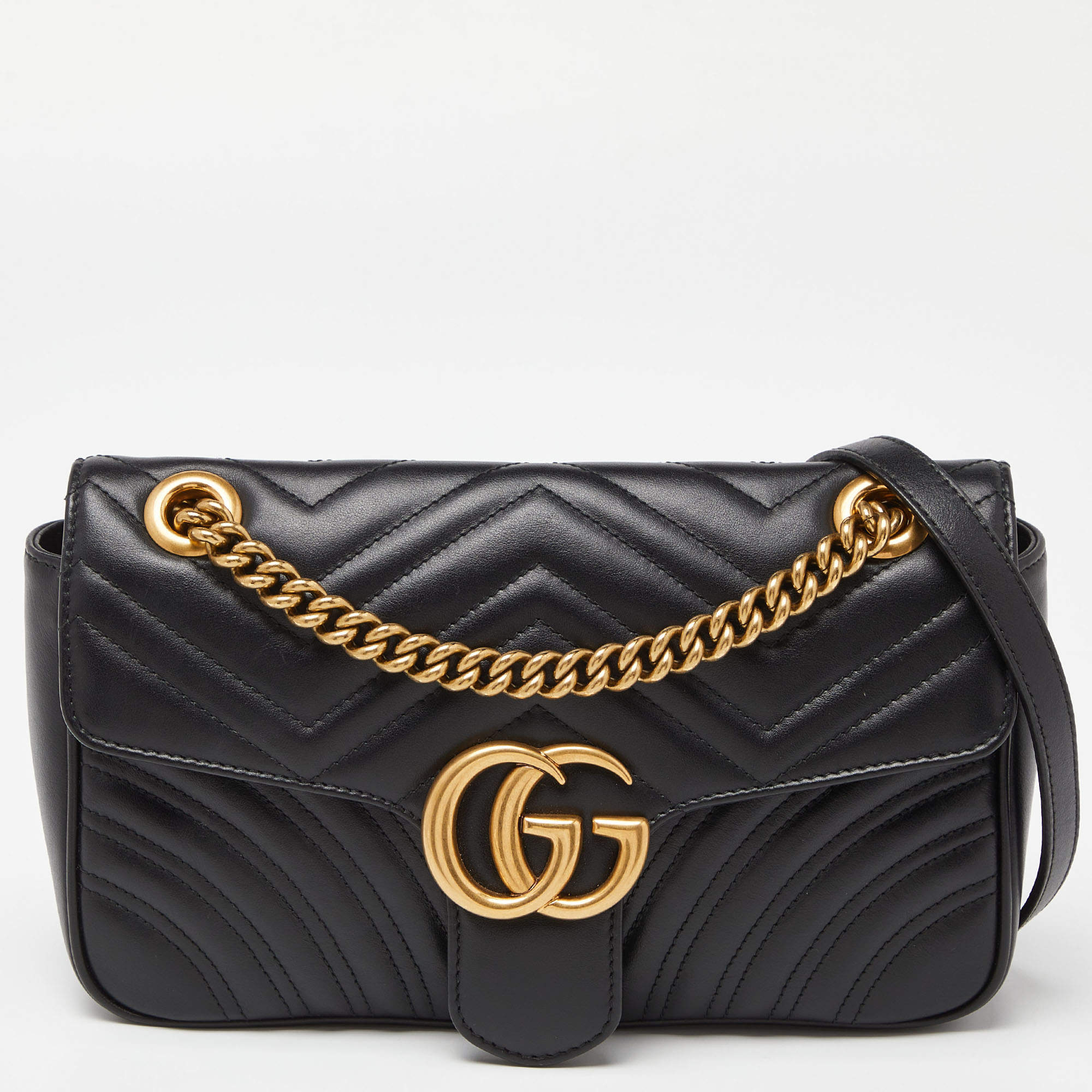 Gucci Black Matelassé Leather Small GG Marmont Shoulder Bag