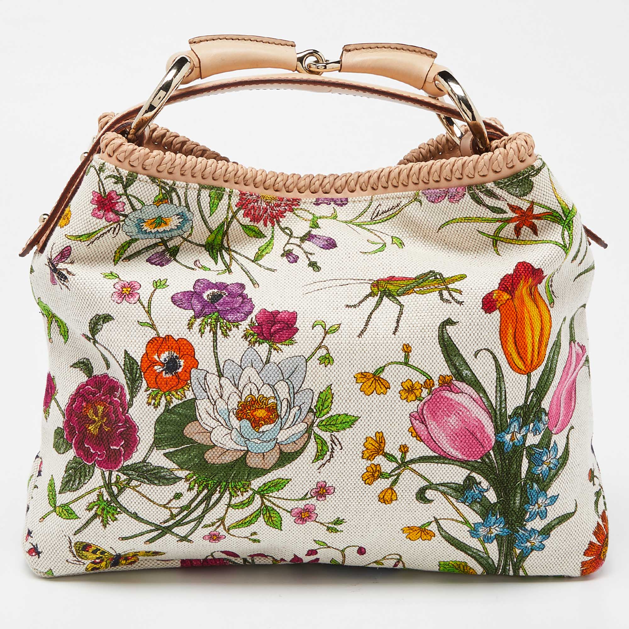 مملوكة مسبقًا حقيبة هوبو غوتشي هورسبيت جلد وكانفاس طباعة زهور متعدد الألوان صغيرة