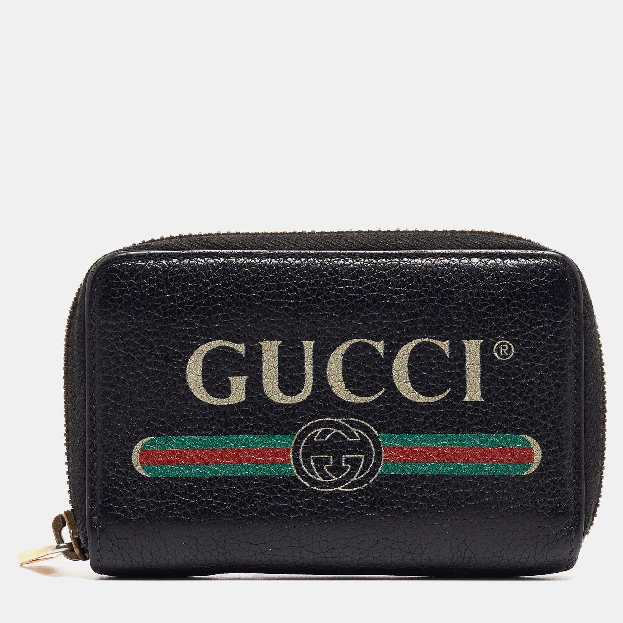 Pre Owned Gucci Black Leather Logo Zip Purse 