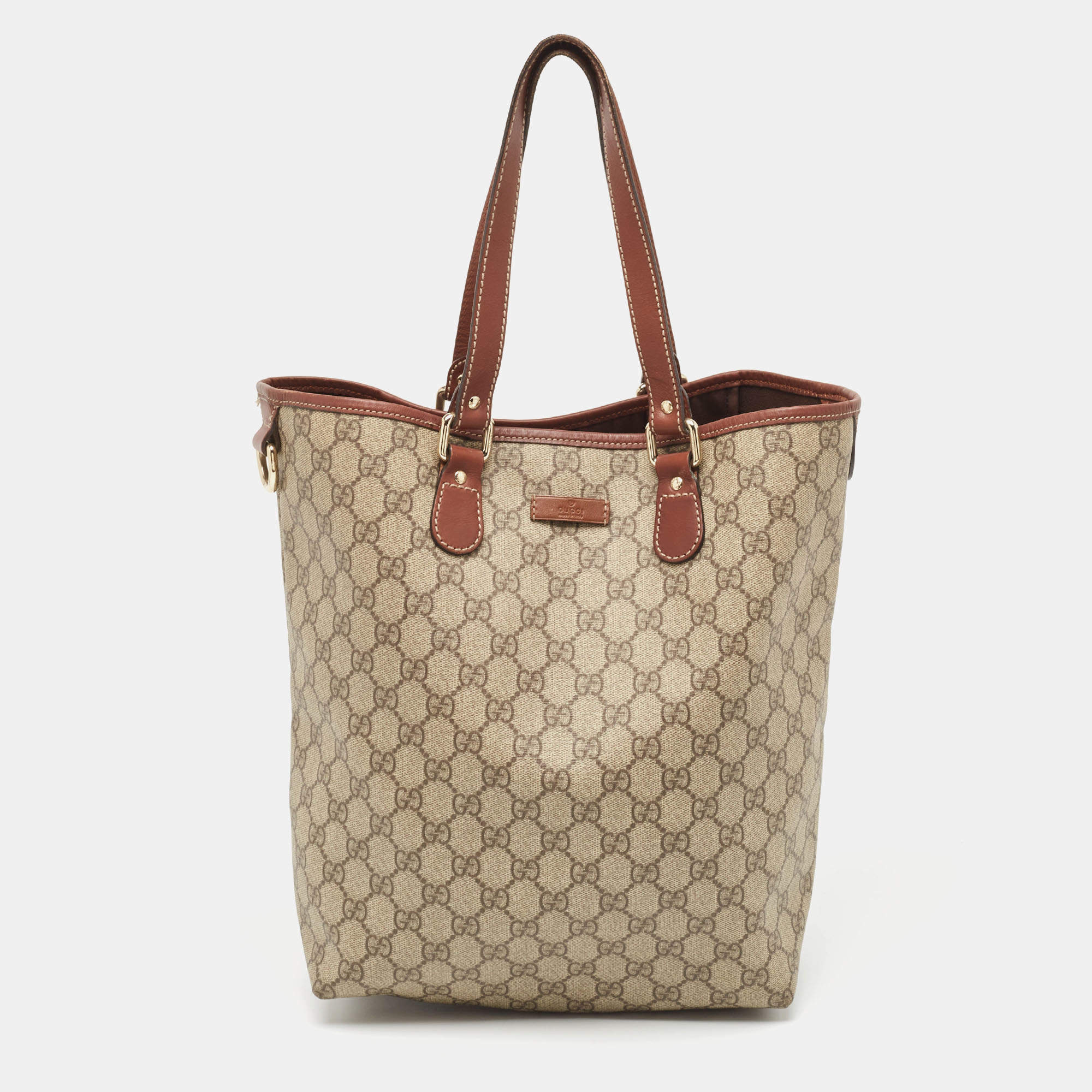 Pre Owned Gucci Brown/Beige GG Supreme Canvas and Leather Shopper Tote