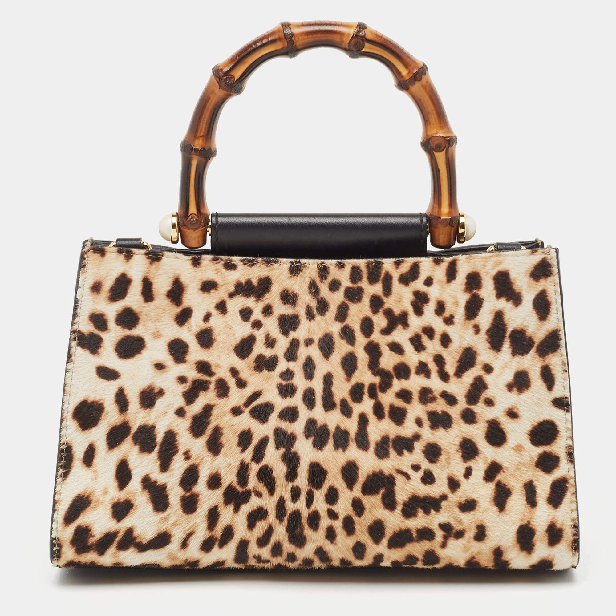 Pre Owned Gucci Beige/Black Leopard Print Calfhair and Leather Mini Nymphaea Bamboo Top Handle Bag
