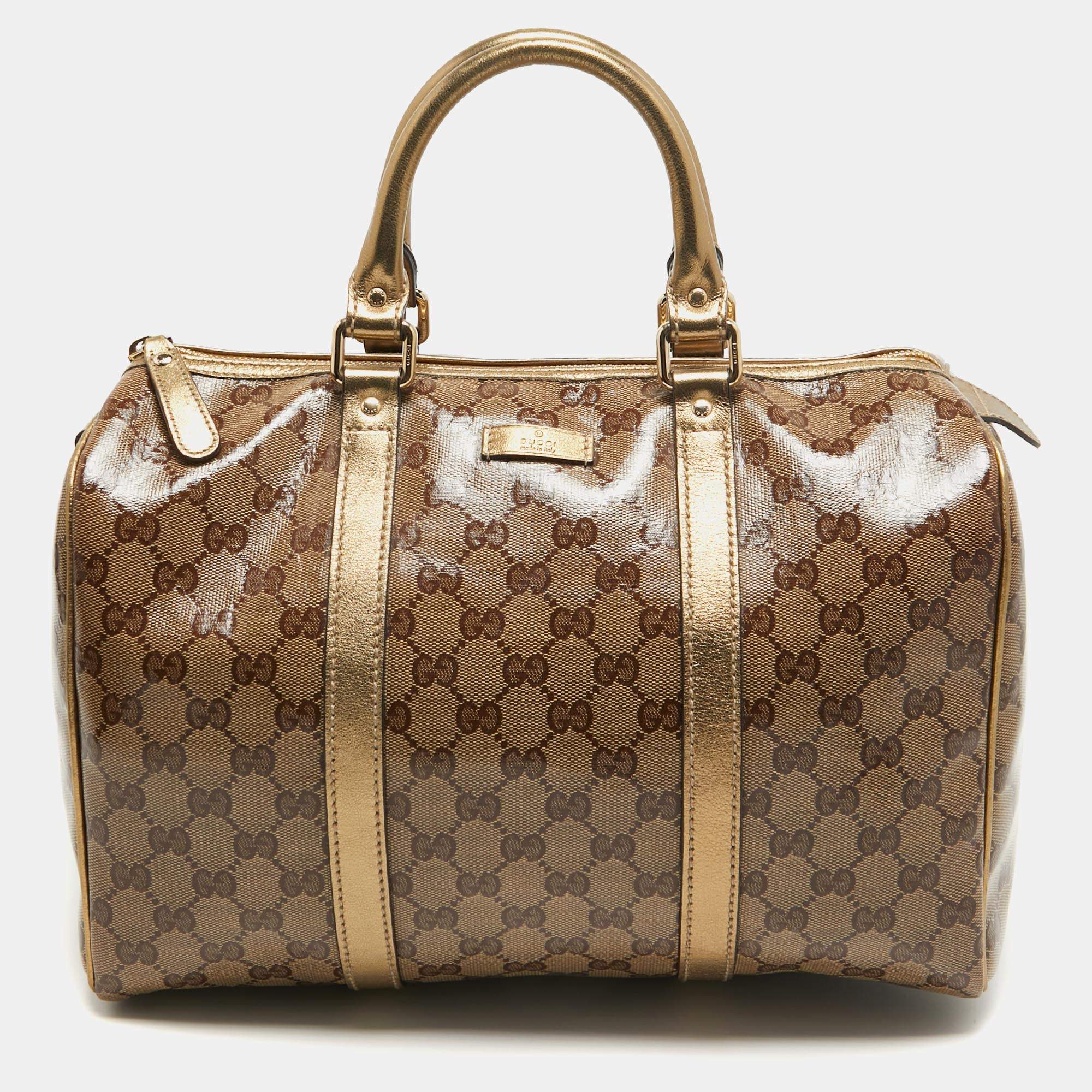 Pre Owned Gucci Gold/Beige GG Crystal Canvas and Leather Medium Joy Boston Bag