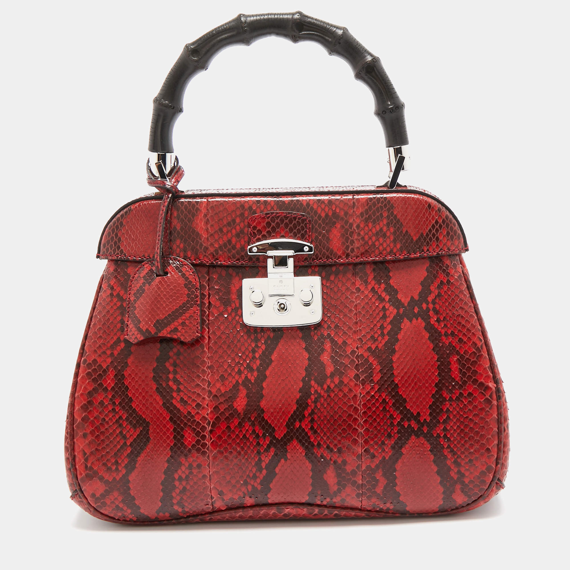 Pre Owned Gucci Red Python Medium Lady Lock Top Handle Bag