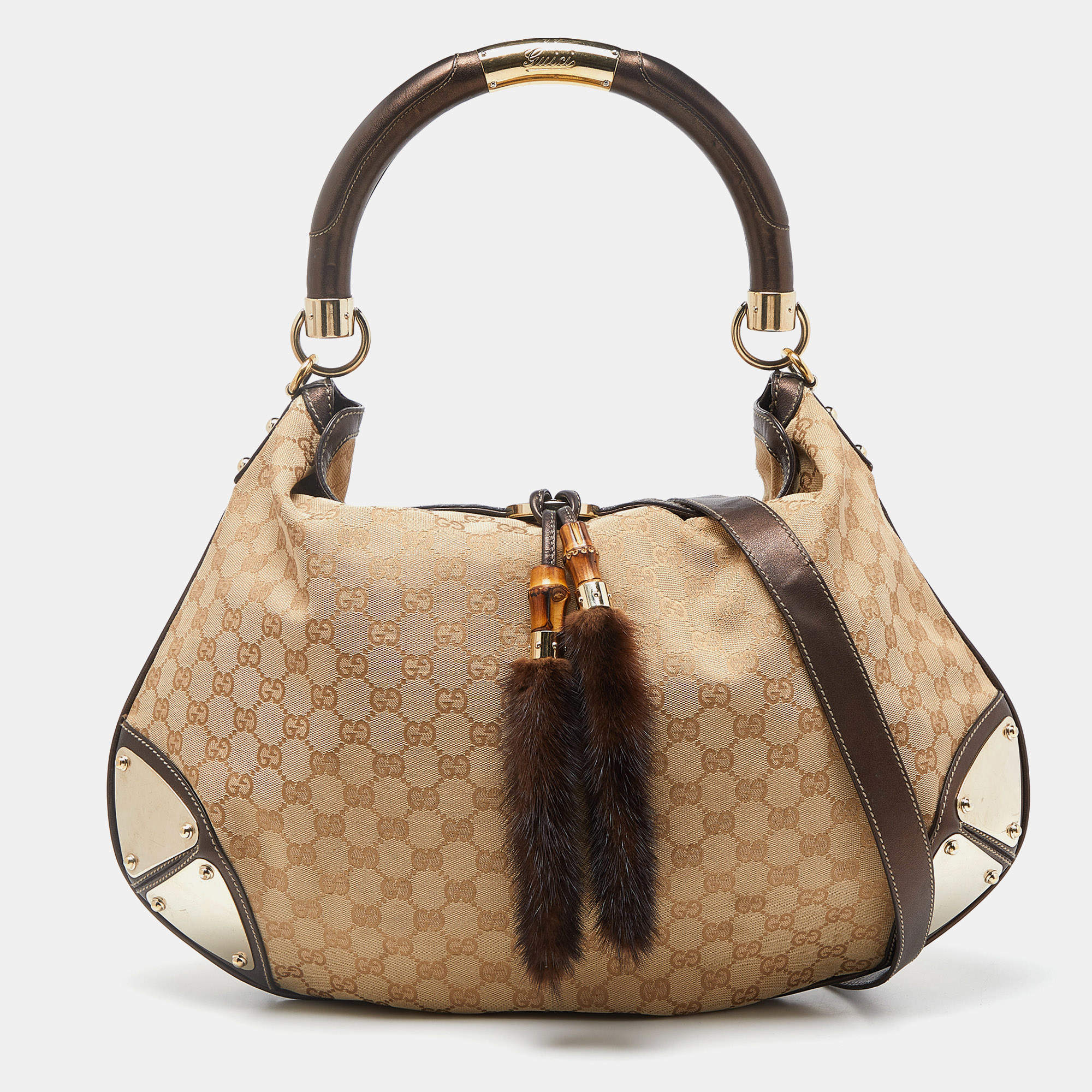 Gucci Beige/Dark Brown GG Canvas and Leather/Mink Fur Large Babouska Indy Hobo