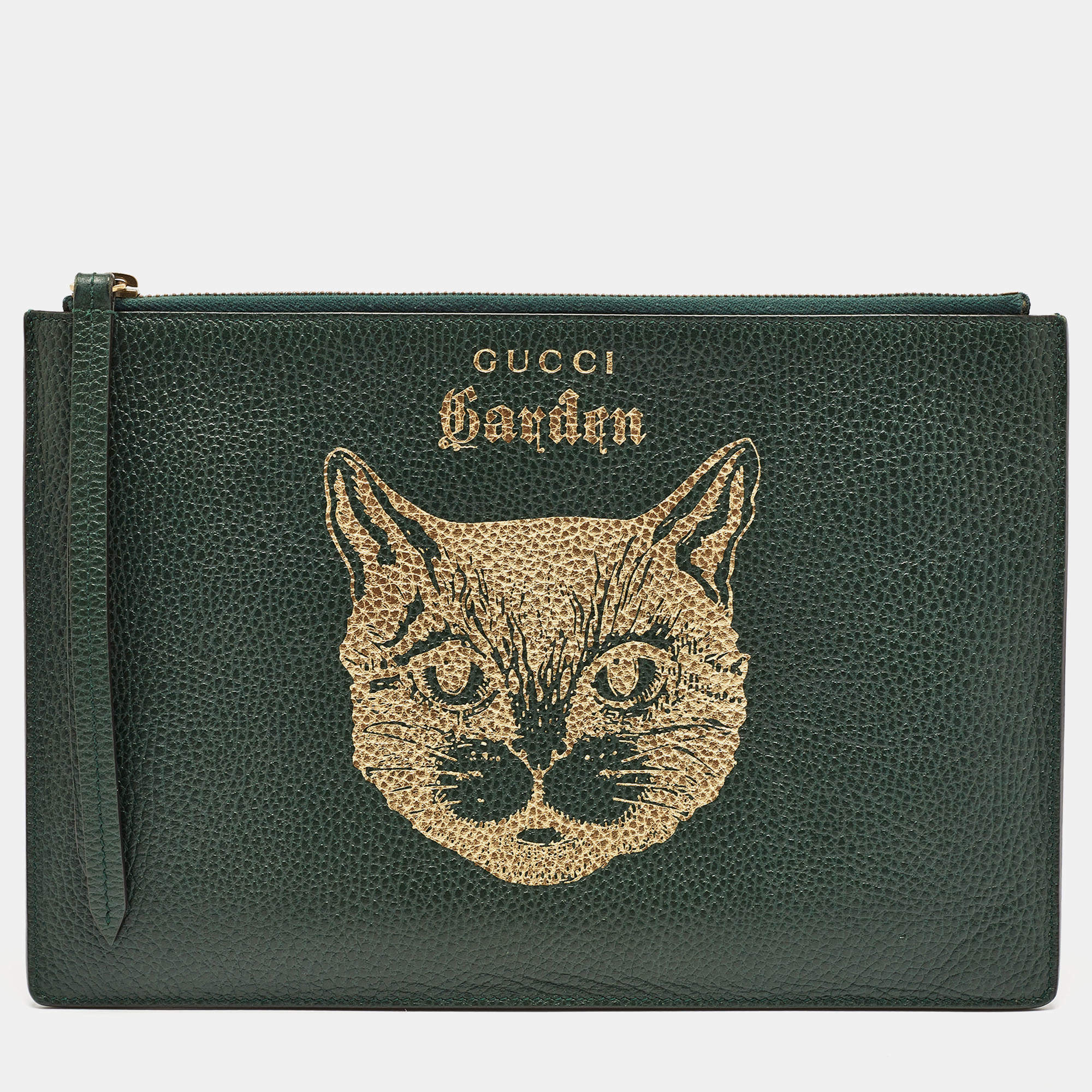 Pre Owned Gucci Green/Gold Leather Garden Cat Zip Pouch