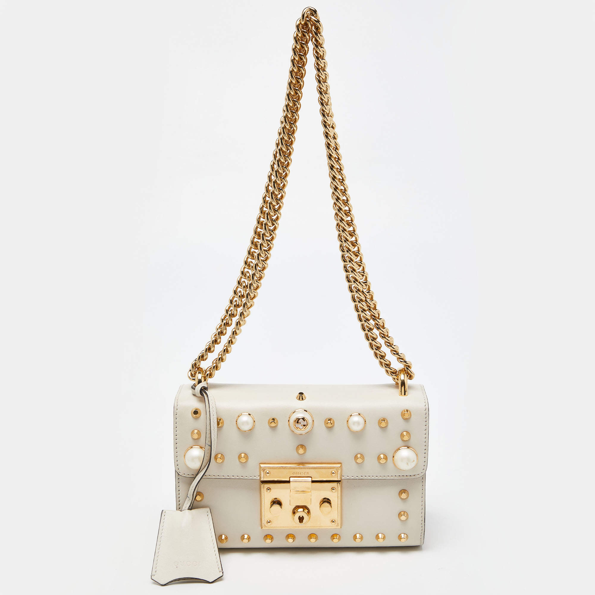 Pre Owned Gucci Beige Leather Small Pearl Studded Padlock Shoulder Bag