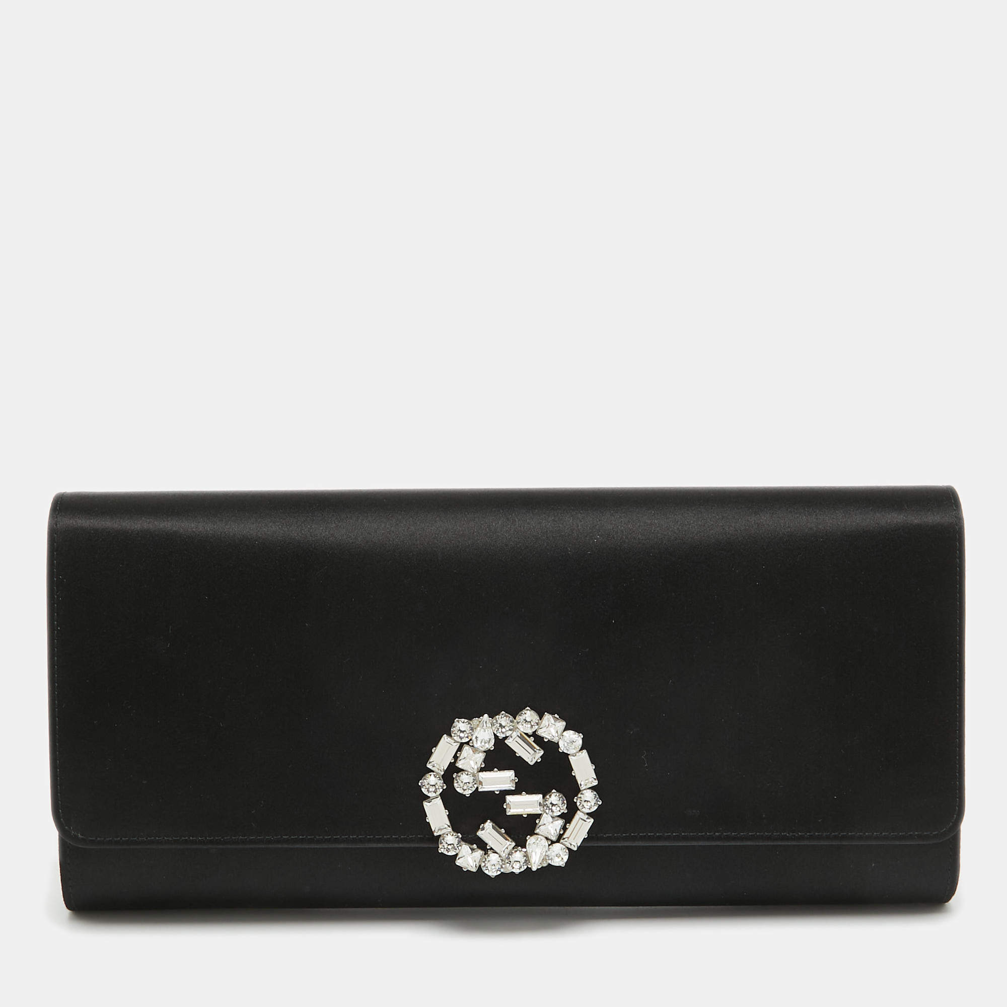 Pre Owned Gucci Black Satin GG Broadway Crystals Clutch