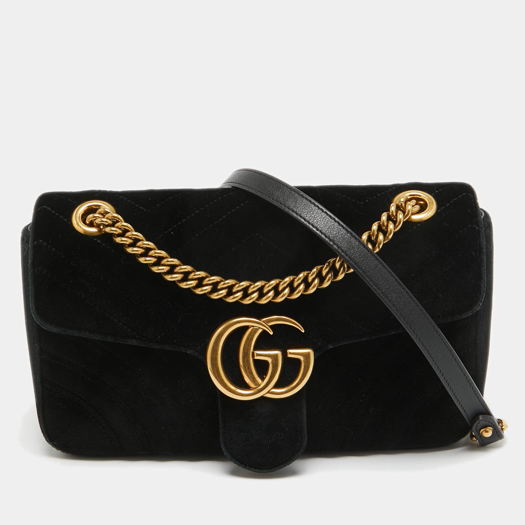 Pre Owned Gucci Black Matelassé Velvet Small GG Marmont Shoulder Bag